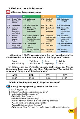 175
5. Was kommt heute im Fernsehen?
a) Lest das Fernsehprogramm.
ARD ZDF RTL SAT 1
18.00 Frauen-Fußball
Deutschland –
Spanien
18.10 Markus Lanz
Talkshow
17.45 Köln 50667
Doku-Soap
18.30 Nachrichten
mit Sport
19.30 Tagesschau 19.00 heute – in Europa 19.00 RTL II News 19.10 Die Quiz-Show
20.00 auslands-
journal
Berichte aus
dem Ausland
19.30 ZDF-Reportage
Fernsehen
mit Wau-Effekt
19.30 Guten Abend
RTL
Regionales
20.30 Hausmeister
Krause
Ordnung muss
sein
21.15 Fremder
Mann –
was nun?
Trailer
20.00 Glamour, Macht und
große Gefühle:
Europas Königshäuser
im Vergleich
19.45 Gute Zeiten,
schlechte Zeiten
Hat Leon mich
noch lieb?
21.15 Die Schulex-
perten – Hilfe im
Klassezimmer
Doku-Soap
22.45 Umschau extra
Ist die Ostsee
noch bezahlbar?
21.15 Die Rosenheim
Cops
Krimiserie
21.20 Berlin –
Tag & Nacht
22.15 Tierisch verknallt
Familiekomödie
22.50 Das ZDF-Sommerhit-
festival
22.10 Frauentausch
Doku-Soap
23.50 Fokus TV -
Reportage
b) Schaut euch die Fernsehprogramme der vier deutschsprachigen
Fernsehsender an. Findet Sendungen zu den folgenden Themen:
Sport
Unterhaltung
Talkshow
Nachrichten
Quiz
Reportage
Politik
Musik
c) Schaut euch das Fernsehprogramm noch einmal an. Welche
Sendungen kann man sich um diese Zeit ansehen? Was meint ihr,
wovon und für wen sind diese Sendungen?
ARD ZDF RTL SAT
22.45 19.00 21.20 21.15
d) Welche Sendung würdest du dir gern anschauen?
6. Fragt euch gegenseitig. Erzählt in der Klasse.
1. Siehst du gern fern?
2. Welche Fernsehsendungen siehst du gern?
3. Hast du eine Lieblingssendung?
– Wie heißt diese Sendung?
– Wer moderiert diese Sendung?
– Welche Themen werden in dieser Sendung behandelt?
– Wie oft wird die Sendung ausgestrahlt?
– Was gefällt dir an dieser Sendung?
– Würdest du diese Sendung den anderen Jugendlichen empfehlen?
 