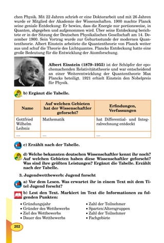 202
chen Physik. Mit 22 Jahren schrieb er eine Doktorarbeit und mit 26 Jahren
wurde er Mitglied der Akademie der Wissenschaften. 1900 machte Planck
seine geniale Entdeckung: Er bewies, dass die Energie nur portionsweise, in
Quanten, abgegeben und aufgenommen wird. Über seine Entdeckung berich-
tete er in der Sitzung der Deutschen Physikalischen Gesellschaft am 14. De-
zember 1900. Sein Vortrag wurde zur Geburtsstunde der modernen Quan-
tentheorie. Albert Einstein arbeitete die Quantentheorie von Planck weiter
aus und schuf die Theorie des Lichtquantes. Plancks Entdeckung hatte eine
große Bedeutung für die Entwicklung der Atomforschung.
Albert Einstein (1879–1955) ist der Schöpfer der epo-
chemachenden Relativitätstheorie und war entscheidend
an einer Weiterentwicklung der Quantentheorie Max
Plancks beteiligt. 1921 erhielt Einstein den Nobelpreis
für Physik.
b) Ergänzt die Tabelle.
Name
Auf welchen Gebieten
hat der Wissenschaftler
geforscht?
Erﬁndungen,
Verfassungen
Gottfried
Wilhelm
Leibniz
Mathematik hat Differential- und Integ-
ralrechnung entdeckt
… … …
c) Erzählt nach der Tabelle.
d) Welche bekannten deutschen Wissenschaftler kennt ihr noch?
Auf welchen Gebieten haben diese Wissenschaftler geforscht?
Was sind ihre größten Leistungen? Ergänzt die Tabelle. Erzählt
nach der Tabelle.
3. Jugendwettbewerb: Jugend forscht
a) Vor dem Lesen. Was erwartet ihr in einem Text mit dem Ti-
tel Jugend forscht?
b) Lest den Text. Markiert im Text die Informationen zu fol-
genden Punkten:
 Gründungsjahr  Zahl der Teilnehmer
 Gründer des Wettbewerbs  Sparten/Altersgruppen
 Ziel des Wettbewerbs  Zahl der Teilnehmer
 Dauer des Wettbewerbs  Fachgebiete
 