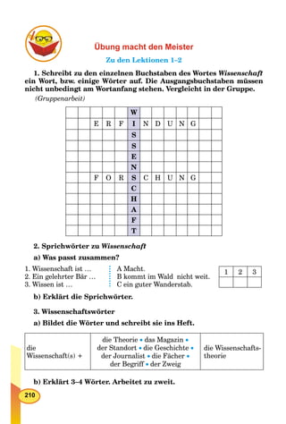 210
Übung macht den Meister
Zu den Lektionen 1–2
1. Schreibt zu den einzelnen Buchstaben des Wortes Wissenschaft
ein Wort, bzw. einige Wörter auf. Die Ausgangsbuchstaben müssen
nicht unbedingt am Wortanfang stehen. Vergleicht in der Gruppe.
(Gruppenarbeit)
W
E R F I N D U N G
S
S
E
N
F O R S C H U N G
C
H
A
F
T
2. Sprichwörter zu Wissenschaft
a) Was passt zusammen?
1. Wissenschaft ist …
2. Ein gelehrter Bär …
3. Wissen ist …
A Macht.
B kommt im Wald nicht weit.
C ein guter Wanderstab.
b) Erklärt die Sprichwörter.
3. Wissenschaftswörter
a) Bildet die Wörter und schreibt sie ins Heft.
die
Wissenschaft(s) +
die Theorie  das Magazin 
der Standort die Geschichte 
der Journalist die Fächer 
der Begriff der Zweig
die Wissenschafts-
theorie
b) Erklärt 3–4 Wörter. Arbeitet zu zweit.
1 2 3
 