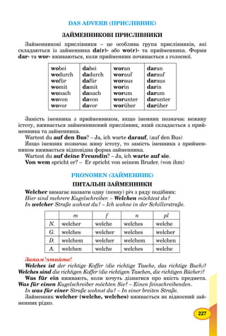 227
DAS ADVERB (ПРИСЛІВНИК)
ЗАЙМЕННИКОВІ ПРИСЛІВНИКИ
Займенникові прислівники – це особлива група прислівників, які
складаються із займенника da(r)- або wo(r)- та прийменника. Форми
dar- та wor- вживаються, коли прийменник починається з голосної.
wobei
wodurch
wofür
womit
wonach
wovon
wovor
dabeia
dadurch
dafür
damit
danach
davon
davor
woran
worauf
woraus
worin
worum
worunter
worüber
daran
darauf
daraus
darin
darum
darunter
darüber
Замість іменника з прийменником, якщо іменник позначає неживу
істоту, вживається займенниковий прислівник, який складається з прий-
менника та займенника.
Wartest du auf den Bus? – Ja, ich warte darauf, (auf den Bus)
Якщо іменник позначає живу істоту, то замість іменника з приймен-
ником вживається відповідна форма займенника.
Wartest du auf deine Freundin? – Ja, ich warte auf sie.
Von wem spricht er? – Er spricht von seinem Bruder. (von ihm)
PRONOMEN (ЗАЙМЕННИК)
ПИТАЛЬНІ ЗАЙМЕННИКИ
Welcher вимагає назвати одну (певну) річ з ряду подібних:
Hier sind mehrere Kugelschreiber. – Welchen möchtest du?
In welcher Straße wohnst du? – Ich wohne in der Schillerstraße.
m f n pl
N. welcher welche welches welche
G. welches welcher welches welcher
D. welchem welcher welchem welchen
A. welchen welche welches welche
Запам’ятайте!
Welches ist der richtige Koffer (die richtige Tasche, das richtige Buch)?
Welches sind die richtigen Koffer (die richtigen Taschen, die richtigen Bücher)?d
Was für ein вживають, коли хочуть дізнатися про якість предмета.
Was für einen Kugelschreiber möchten Sie? – Einen feinschreibenden.
In was für einer Straße wohnst du? – In einer breiten Straße.
Займенник welcher (welche, welches) вживається як відносний зай-
менник рідко.
 