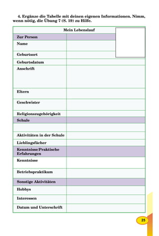 25
4. Ergänze die Tabelle mit deinen eigenen Informationen. Nimm,
wenn nötig, die Übung 7 (S. 19) zu Hilfe.
g g
Mein Lebenslauf
Zur Person
Name
Geburtsort
Geburtsdatum
Anschrift
Eltern
Geschwister
Religionszugehörigkeit
Schule
Aktivitäten in der Schule
Lieblingsfächer
Kenntnisse/Praktische
Erfahrungen
Kenntnisse
Betriebspraktikum
Sonstige Aktivitäten
Hobbys
Interessen
Datum und Unterschrift
 