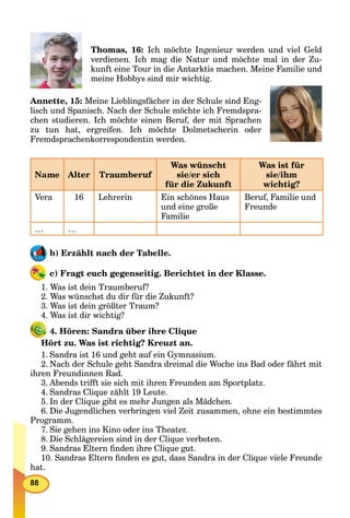 88
Thomas, 16: Ich möchte Ingenieur werden und viel Geld
verdienen. Ich mag die Natur und möchte mal in der Zu-
kunft eine Tour in die Antarktis machen. Meine Familie und
meine Hobbys sind mir wichtig.
Annette, 15: Meine Lieblingsfächer in der Schule sind Eng-
lisch und Spanisch. Nach der Schule möchte ich Fremdspra-
chen studieren. Ich möchte einen Beruf, der mit Sprachen
zu tun hat, ergreifen. Ich möchte Dolmetscherin oder
Fremdsprachenkorrespondentin werden.
Alter Traumberuf
Was wünscht
sie/er sich
für die Zukunft
Was ist für
sie/ihm
wichtig?
Vera 16 Lehrerin Ein schönes Haus
und eine große
Familie
Beruf, Familie und
Freunde
… …
b) Erzählt nach der Tabelle.
c) Fragt euch gegenseitig. Berichtet in der Klasse.
1. Was ist dein Traumberuf?
2. Was wünschst du dir für die Zukunft?
3. Was ist dein größter Traum?
4. Was ist dir wichtig?
4. Hören: Sandra über ihre Clique
Hört zu. Was ist richtig? Kreuzt an.
1. Sandra ist 16 und geht auf ein Gymnasium.
2. Nach der Schule geht Sandra dreimal die Woche ins Bad oder fährt mit
ihren Freundinnen Rad.
3. Abends trifft sie sich mit ihren Freunden am Sportplatz.
4. Sandras Clique zählt 19 Leute.
5. In der Clique gibt es mehr Jungen als Mädchen.
6. Die Jugendlichen verbringen viel Zeit zusammen, ohne ein bestimmtes
Programm.
7. Sie gehen ins Kino oder ins Theater.
8. Die Schlägereien sind in der Clique verboten.
9. Sandras Eltern ﬁnden ihre Clique gut.
10. Sandras Eltern ﬁnden es gut, dass Sandra in der Clique viele Freunde
hat.
 