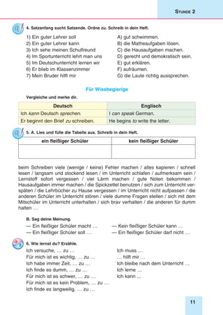11
Stunde 2
4. Satzanfang sucht Satzende. Ordne zu. Schreib in dein Heft.
1) Ein guter Lehrer soll
2) Ein guter Lehrer kann
3) Ich sehe meinen Schulfreund
4) Im Sportunterricht lehrt man uns
5) Im Deutschunterricht lernen wir
6) Er blieb im Klassenzimmer
7) Mein Bruder hilft mir
A) gut schwimmen.
B) die Matheaufgaben lösen.
C) die Hausaufgaben machen.
D) gerecht und demokratisch sein.
E) gut erklären.
F) aufräumen.
G) die Laute richtig aussprechen.
Für Wissbegierige
Vergleiche und merke dir.
Deutsch Englisch
Ich kann Deutsch sprechen. I can speak German.
Er beginnt den Brief zu schreiben. He begins to write the letter.
5. A. Lies und fülle die Tabelle aus. Schreib in dein Heft.
ein fleißiger Schüler kein fleißiger Schüler
beim Schreiben viele (wenige / keine) Fehler machen / alles kapieren / schnell
lesen / langsam und stockend lesen / im Unterricht schlafen / aufmerksam sein /
Lernstoff sofort vergessen / viel Lärm machen / gute Noten bekommen /
Hausaufgaben immer machen / die Spickzettel benutzen / sich zum Unterricht ver-
späten / die Lehrbücher zu Hause vergessen / im Unterricht nicht aufpassen / die
anderen Schüler im Unterricht stören / viele dumme Fragen stellen / sich mit dem
Mitschüler im Unterricht unterhalten / sich brav verhalten / die anderen für dumm
halten …
B. Sag deine Meinung.
— Ein fleißiger Schüler macht …	 — Kein fleißiger Schüler kann …
— Ein fleißiger Schüler soll …	 — Ein fleißiger Schüler darf nicht …
6. Wie lernst du? Erzähle.
Ich versuche, … zu …	 Ich muss …
Für mich ist es wichtig, … zu …	 … hilft mir …
Ich habe immer Zeit, … zu …	 Ich bleibe nach dem Unterricht …
Ich finde es dumm, … zu …	 Ich lerne …
Für mich ist es schwer, … zu …	 Ich kann ...
Für mich ist es kein Problem, … zu …	
Ich finde es langweilig, … zu …
 