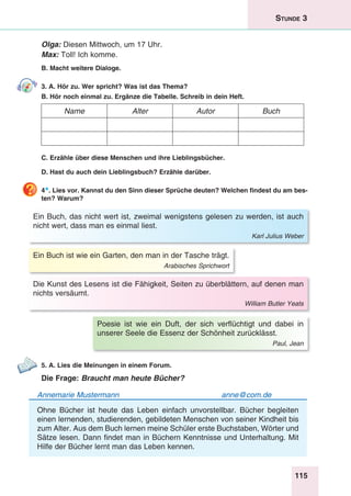 115
Stunde 3
Olga: Diesen Mittwoch, um 17 Uhr.
Max: Toll! Ich komme.
B. Macht weitere Dialoge.
3. A. Hör zu. Wer spricht? Was ist das Thema?
B. Hör noch einmal zu. Ergänze die Tabelle. Schreib in dein Heft.
Name Alter Autor Buch
C. Erzähle über diese Menschen und ihre Lieblingsbücher.
D. Hast du auch dein Lieblingsbuch? Erzähle darüber.
4*. Lies vor. Kannst du den Sinn dieser Sprüche deuten? Welchen findest du am bes-
ten? Warum?
Ein Buch ist wie ein Garten, den man in der Tasche trägt.
Arabisches Sprichwort
Poesie ist wie ein Duft, der sich verflüchtigt und dabei in
unserer Seele die Essenz der Schönheit zurücklässt.
Paul, Jean
Ein Buch, das nicht wert ist, zweimal wenigstens gelesen zu werden, ist auch
nicht wert, dass man es einmal liest.
Karl Julius Weber
Die Kunst des Lesens ist die Fähigkeit, Seiten zu überblättern, auf denen man
nichts versäumt.
William Butler Yeats
5. A. Lies die Meinungen in einem Forum.
Die Frage: Braucht man heute Bücher?
Annemarie Mustermann	 anne@com.de
Ohne Bücher ist heute das Leben einfach unvorstellbar. Bücher begleiten
einen lernenden, studierenden, gebildeten Menschen von seiner Kindheit bis
zum Alter. Aus dem Buch lernen meine Schüler erste Buchstaben, Wörter und
Sätze lesen. Dann findet man in Büchern Kenntnisse und Unterhaltung. Mit
Hilfe der Bücher lernt man das Leben kennen.
 