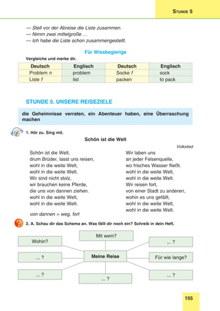 155
Stunde 5
— Stell vor der Abreise die Liste zusammen.
— Nimm zwei mittelgroße …
— Ich habe die Liste schon zusammengestellt.
Für Wissbegierige
Vergleiche und merke dir.
Deutsch Englisch Deutsch Englisch
Problem n problem Socke f sock
Liste f list packen to pack
Stunde 5. unsere Reiseziele
die Geheimnisse verraten, ein Abenteuer haben, eine Überraschung
machen
1. Hör zu. Sing mit.
Schön ist die Welt
Volkslied
Schön ist die Welt,	 Wir laben uns
drum Brüder, lasst uns reisen,	 an jeder Felsenquelle,
wohl in die weite Welt,	 wo frisches Wasser fließt.
wohl in die weite Welt.	 wohl in die weite Welt,
Wir sind nicht stolz,	 wohl in die weite Welt.
wir brauchen keine Pferde,	 Wir reisen fort,
die uns von dannen ziehen.	 von einer Stadt zu anderen,
wohl in die weite Welt,	 wohin es uns gefällt,
wohl in die weite Welt.	 wohl in die weite Welt,
von dannen = weg, fort
	 wohl in die weite Welt.
2. A. Schau dir das Schema an. Was fällt dir noch ein? Schreib in dein Heft.
Wohin?
... ?
... ?
... ?
... ?
... ?
Mit wem?
Für wie lange?Meine Reise
 