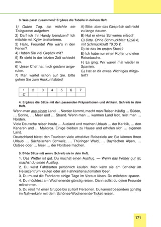 171
Stunde 9
3. Was passt zusammen? Ergänze die Tabelle in deinem Heft.
1) Guten Tag, ich möchte ein
Telegramm aufgeben.
2) Darf ich Ihr Handy benutzen? Ich
möchte mit Kyjiw telefonieren.
3) Hallo, Freunde! Wie war’s in den
Ferien?
4) Haben Sie viel Gepäck mit?
5) Er sieht in der letzten Zeit schlecht
aus.
6) Unser Chef hat mich gestern ange-
rufen.
7) Man wartet schon auf Sie. Bitte
gehen Sie zum Auskunftsbüro!
A) Bitte, aber das Gespräch soll nicht
zu lange dauern.
B) Hat er etwas Schweres erlebt?
C) Bitte. Ohne Schmuckblatt 12,90 €,
mit Schmuckblatt 18,35 €.
D) Ist das im ersten Stock?
E) Ich habe nur einen Koffer und eine
Reisetasche.
F) Es ging. Wir waren mal wieder in
Spanien.
G) Hat er dir etwas Wichtiges mitge-
teilt?
1 2 3 4 5 6 7
C
4. Ergänze die Sätze mit den passenden Präpositionen und Artikeln. Schreib in dein
Heft.
Wenn man aus einem Land … Norden kommt, macht man Reisen häufig … Süden,
… Sonne, … Meer und … Strand. Wenn man … warmen Land lebt, reist man …
Norden.
Viele Deutsche reisen heute … Ausland und machen Urlaub … der Karibik, … den
Kanaren und … Mallorca. Einige bleiben zu Hause und erholen sich … eigenen
Land.
Deutschland bietet den Touristen viele attraktive Reiseziele an: Sie können Ihren
Urlaub … Sächsischen Schweiz, … Thüringer Wald, … Bayrischen Alpen, …
Ostsee oder … Insel … der Nordsee machen.
5. Bilde Sätze mit wenn. Schreib sie in dein Heft.
1. Das Wetter ist gut. Du machst einen Ausflug. — Wenn das Wetter gut ist,
machst du einen Ausflug.
2. Du willst Fahrkarten persönlich kaufen. Man kann sie am Schalter im
Reisezentrum kaufen oder am Fahrkartenautomaten lösen.
3. Du musst die Fahrkarte einige Tage im Voraus lösen. Du möchtest sparen.
4. Du möchtest am Wochenende günstig reisen. Dann sollst du deine Freunde
mitnehmen.
5. Du reist mit einer Gruppe bis zu fünf Personen. Du kannst besonders günstig
im Nahverkehr mit dem Schönes-Wochenende-Ticket reisen.
 