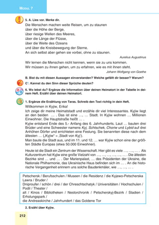 212
Modul 7
5. A. Lies vor. Merke dir.
Die Menschen machen weite Reisen, um zu staunen
über die Höhe der Berge,
über riesige Wellen des Meeres,
über die Länge der Flüsse,
über die Weite des Ozeans
und über die Kreisbewegung der Sterne.
An sich selbst aber gehen sie vorbei, ohne zu staunen.
Aurelius Augustinus
Wir lernen die Menschen nicht kennen, wenn sie zu uns kommen.
Wir müssen zu ihnen gehen, um zu erfahren, wie es mit ihnen steht.
Johann Wolfgang von Goethe
B. Bist du mit diesen Aussagen einverstanden? Welche gefällt dir besser? Warum?
C*. Kannst du den Sinn dieser Sprüche deuten?
6. Wo lebst du? Ergänze die Information über deinen Heimatort in der Tabelle in dei-
nem Heft. Erzähl über deinen Heimatort.
1. Ergänze die Erzählung von Taras. Schreib den Text richtig in dein Heft.
Willkommen in Kyjiw, Erika!
Ich zeige dir meine Heimatstadt und erzähle dir viel Interessantes. Kyjiw liegt
an den beiden … . Das ist eine …, … Stadt. In Kyjiw wohnen … Millionen
Einwohner. Die Hauptstraße heißt … .
Kyjiw entstand Ende des 5.- Anfang des 6. Jahrhunderts. Laut … bauten drei
Brüder und eine Schwester namens Kyj, Schtschek, Choriw und Lybid auf drei
Anhöhen Dörfer und errichteten eine Festung. Sie benannten diese nach dem
ältesten … („Kyjiw“ = ‚Stadt von Kyj‘).
Man baute die Stadt aus, und im 11. und 12. … war Kyjiw schon eine der größ-
ten Städte Europas (etwa 50.000 Einwohner).
Heute ist die Stadt ein Zentrum der Wissenschaft. Hier gibt es viele …, …., … . Als
Kulturzentrum hat Kyjiw eine große Vielzahl von …, …, …, …, …, … . Die ältesten
Bezirke sind … und … . Der Marienpalast, … des Präsidenten der Ukraine, die
Nationale Philharmonie, das Ukrainische Haus befinden sich im … . An die histo-
rische Vergangenheit erinnern uns solche Baudenkmäler, wie …, …, … .
Petschersk / Berufsschulen / Museen / die Residenz / die Kyjewo-Petscherska
Lawra / Bruder /
Dniproufer / schön / drei / der Chreschtschatyk / Universitäten / Hochschulen /
Podil / Theater /
alt / Kinos / Bibliotheken / Nestorchronik / Petscherskyj-Bezirk / Stadien /
Erholungspark /
die Andreaskirche / Jahrhundert / das Goldene Tor
2. Erzähl über Kyjiw.
 