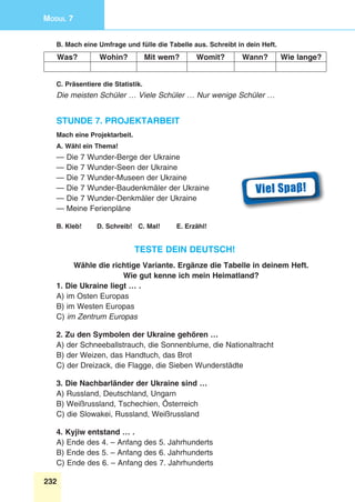 232
Modul 7
B. Mach eine Umfrage und fülle die Tabelle aus. Schreibt in dein Heft.
Was? Wohin? Mit wem? Womit? Wann? Wie lange?
C. Präsentiere die Statistik.
Die meisten Schüler … Viele Schüler … Nur wenige Schüler …
Stunde 7. Projektarbeit
Mach eine Projektarbeit.
A. Wähl ein Thema!
— Die 7 Wunder-Berge der Ukraine
— Die 7 Wunder-Seen der Ukraine
— Die 7 Wunder-Museen der Ukraine
— Die 7 Wunder-Baudenkmäler der Ukraine
— Die 7 Wunder-Denkmäler der Ukraine
— Meine Ferienpläne
B. Kleb!	D. Schreib! C. Mal!	E. Erzähl!
Teste dein Deutsch!
Wähle die richtige Variante. Ergänze die Tabelle in deinem Heft.
Wie gut kenne ich mein Heimatland?
1. Die Ukraine liegt … .
A) im Osten Europas
B) im Westen Europas
C) im Zentrum Europas
2. Zu den Symbolen der Ukraine gehören …
A) der Schneeballstrauch, die Sonnenblume, die Nationaltracht
B) der Weizen, das Handtuch, das Brot
C) der Dreizack, die Flagge, die Sieben Wunderstädte
3. Die Nachbarländer der Ukraine sind …
A) Russland, Deutschland, Ungarn
B) Weißrussland, Tschechien, Österreich
C) die Slowakei, Russland, Weißrussland
4. Kyjiw entstand … .
A) Ende des 4. – Anfang des 5. Jahrhunderts
B) Ende des 5. – Anfang des 6. Jahrhunderts
C) Ende des 6. – Anfang des 7. Jahrhunderts
Viel Spaβ!
 