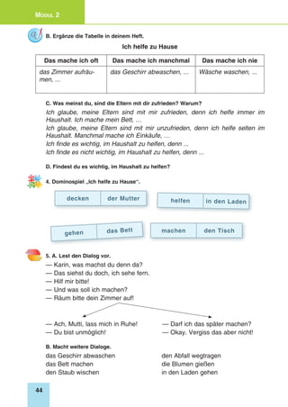 44
Modul 2
B. Ergänze die Tabelle in deinem Heft.
Ich helfe zu Hause
Das mache ich oft Das mache ich manchmal Das mache ich nie
das Zimmer aufräu-
men, ...
das Geschirr abwaschen, ... Wäsche waschen, ...
C. Was meinst du, sind die Eltern mit dir zufrieden? Warum?
Ich glaube, meine Eltern sind mit mir zufrieden, denn ich helfe immer im
Haushalt. Ich mache mein Bett, …
Ich glaube, meine Eltern sind mit mir unzufrieden, denn ich helfe selten im
Haushalt. Manchmal mache ich Einkäufe, …
Ich finde es wichtig, im Haushalt zu helfen, denn ...
Ich finde es nicht wichtig, im Haushalt zu helfen, denn ...
D. Findest du es wichtig, im Haushalt zu helfen?
4. Dominospiel „Ich helfe zu Hause“.
decken der Mutter helfen in den Laden
gehen das Bett machen den Tisch
5. A. Lest den Dialog vor.
— Karin, was machst du denn da?
— Das siehst du doch, ich sehe fern.
— Hilf mir bitte!
— Und was soll ich machen?
— Räum bitte dein Zimmer auf!
— Ach, Mutti, lass mich in Ruhe!	 — Darf ich das später machen?
— Du bist unmöglich!	 — Okay. Vergiss das aber nicht!
B. Macht weitere Dialoge.
das Geschirr abwaschen	 den Abfall wegtragen
das Bett machen	 die Blumen gießen
den Staub wischen	 in den Laden gehen
 