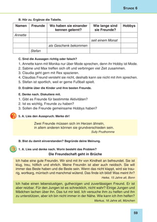 59
Stunde 6
B. Hör zu. Ergänze die Tabelle.
Namen Freunde Wo haben sie einander
kennen gelernt?
Wie lange sind
sie Freunde?
Hobbys
Annette
seit einem Monat
als Geschenk bekommen
Stefan
C. Sind die Aussagen richtig oder falsch?
1. Annette kann mit Monika nur über Mode sprechen, denn ihr Hobby ist Mode.
2. Sabine und Max treffen sich oft und verbringen viel Zeit zusammen.
3. Claudia geht gern mit Rex spazieren.
4. Claudias Freund versteht sie nicht, deshalb kann sie nicht mit ihm sprechen.
5. Stefan ist sportlich, weil er gerne Fußball spielt.
D. Erzähle über die Kinder und ihre besten Freunde.
E. Denke nach. Diskutiere mit.
1. Gibt es Freunde für bestimmte Aktivitäten?
2. Ist es wichtig, Freunde zu haben?
3. Sollen die Freunde gemeinsame Hobbys haben?
5. A. Lies den Ausspruch. Merke dir!
Zwei Freunde müssen sich im Herzen ähneln,
in allem anderen können sie grundverschieden sein.
Sully Prudhomme
B. Bist du damit einverstanden? Begründe deine Meinung.
1. A. Lies und denke nach. Worin besteht das Problem?
Die Freundschaft geht in Brüche
Ich habe eine gute Freundin. Wir sind mit ihr von Kindheit an befreundet. Sie ist
klug, treu, höflich und ehrlich. Meine Freundin ist aber auch neidisch. Sie will
immer das Beste haben und die Beste sein. Wenn das nicht klappt, wird sie trau-
rig, wortkarg, mürrisch und manchmal wütend. Das finde ich blöd! Was meint ihr?
Heike, 15 Jahre alt, Bonn
Ich habe einen lebenslustigen, gutherzigen und zuverlässigen Freund. Er ist
aber reizbar. Für den Jungen ist es schrecklich, nicht wahr? Einige Jungen und
Mädchen lachen über ihn. Das tut mir leid. Ich versuche ihm zu helfen und ihn
zu unterstützen, aber ich bin nicht immer in der Nähe. Wie kann ich ihm helfen?
Markus, 16 Jahre alt, München
 