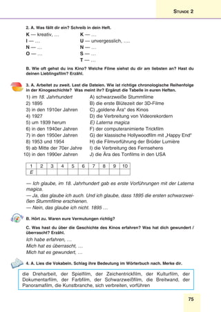 75
Stunde 2
2. A. Was fällt dir ein? Schreib in dein Heft.
K — kreativ, …	K — …
I — …	U — unvergesslich, ….
N — … 	 N — …
O — …	 S — …
		T — …
B. Wie oft gehst du ins Kino? Welche Filme siehst du dir am liebsten an? Hast du
deinen Lieblingsfilm? Erzähl.
3. A. Arbeitet zu zweit. Lest die Dateien. Wie ist richtige chronologische Reihenfolge
in der Kinogeschichte? Was meint ihr? Ergänzt die Tabelle in euren Heften.
1) im 18. Jahrhundert	 A) schwarzweiße Stummfilme
2) 1895	 B) die erste Blütezeit der 3D-Filme
3) in den 1910er Jahren	 C) „goldene Ära“ des Kinos
4) 1927 	 D) die Verbreitung von Videorekordern
5) um 1939 herum	 E) Laterna magica
6) in den 1940er Jahren	 F) der computeranimierte Trickfilm
7) in den 1950er Jahren	 G) der klassische Hollywoodfilm mit „Happy End“
8) 1953 und 1954	 H) die Filmvorführung der Brüder Lumière
9) ab Mitte der 70er Jahre	 I) die Verbreitung des Fernsehens
10) in den 1990er Jahren	 J) die Ära des Tonfilms in den USA
1 2 3 4 5 6 7 8 9 10
E
— Ich glaube, im 18. Jahrhundert gab es erste Vorführungen mit der Laterna
magica.
— Ja, das glaube ich auch. Und ich glaube, dass 1895 die ersten schwarzwei-
ßen Stummfilme erschienen.
— Nein, das glaube ich nicht. 1895 …
B. Hört zu. Waren eure Vermutungen richtig?
C. Was hast du über die Geschichte des Kinos erfahren? Was hat dich gewundert /
überrascht? Erzähl.
Ich habe erfahren, …
Mich hat es überrascht, …
Mich hat es gewundert, …
4. A. Lies die Vokabeln. Schlag ihre Bedeutung im Wörterbuch nach. Merke dir.
die Dreharbeit, der Spielfilm, der Zeichentrickfilm, der Kulturfilm, der
Dokumentarfilm, der Farbfilm, der Schwarzweißfilm, die Breitwand, der
Panoramafilm, die Kunstbranche, sich verbreiten, vorführen
 