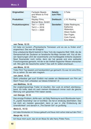 82
Modul 3
Originaltitel: Fantastic Beasts
and Where to Find
Them
Details
zum Film:
3 Teile
Produktion:  Heyday Films,
Warner Bros. GmbH
Drehbuch:  J. K. Rowling
Produktionsjahre: Teil 1 — 2016
Teil 2 — 2018
Teil 3 — 2020
Darsteller:  Eddie Redmayne,
Katherine
Waterston,
Alison Sudol,
Dan Fogler,
Colin Farrell,
Ezra Miller
von Taras, 12.12.
Ich habe vor kurzem „Phantastische Tierwesen und wo sie zu finden sind“
angeschaut. Das war ein Ereignis!
Eine unbekannte Macht bedroht in New York die magische Welt 1926, die die
Gemeinschaft der Zauberer an fanatische No-Majs verraten will. Von all die-
sen Spannungen ahnt der exzentrische und hochbegabte britische Zauberer
Newt Scamander noch nichts, denn der hat gerade erst eine weltweite
Forschungsreise gemacht, mit der er die Vielfalt magischer Wesen erforschen
will. Wie geht die Geschichte weiter? Das sollt ihr selbst anschauen.
von Mona, 12.12. 
Toller Film! Top besetzt und handwerklich gut gemacht. Es war mir eine Ehre,
ihn zu sehen. Es war sehr magisch.
von Janni, 13.12. 
Sieht unfassbar geil aus!! Endlich mal wieder ein Meisterwerk von Film am
Start! Freue mich unfassbar auf dieses Erlebnis!! :D
von Matthias, 14.12. 
Der englischsprachige Trailer ist draußen. Der Look ist einfach atemberau-
bend. Ich hoffe, dass ich nach meinem Kinobesuch immer noch die gleiche
Meinung vom gesamten Film haben werde.
von George, 15.12. 
Das einzige Problem, dürfte sein, ob Eddy Redmayne auch Blockbuster kann.
In „Jupiter Ascending“ war er furchtbar. Da hat er eindeutig übertrieben. Das
hat mich am meisten gewundert, denn er war in „Die Entdeckung der
Unendlichkeit“ und danach in „The Danish Girl“ so großartig.
Maria S., 15.12. 
Ich habe Kinokarten im Voraus gekauft und freue mich schon total auf den Film! 
Manja Hä, 15.12. 
Ich freue mich auch, das ist ein Muss für alle Harry Potter Fans.
 