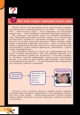 148
Это задание — для любознательных. Прочитайте, как люди
создают уникальные модели мира и почему они сами несут
ответственность за качество их общения с другими людьми.
Как люди создают уникальные модели мира
Многие считают свою внутреннюю модель мира истинным отображе-
нием реальности. В действительности же, как меню — это ещё не обед,
ноты — ещё не музыка, а карта — ещё не территория, так и внутренняя
картина мира — лишь упрощённое отражение объективной реальности.
Мы используем свои органы чувств для познания окружающего
мира. Объективная реальность настолько сложна, что для осмысления
мы вынуждены упрощать её. Составление географических карт — при-
мер того, как человек осмысливает реальность. Карты содержат инфор-
мацию о конкретной территории. Но не всю, а лишь ту, которая необ-
ходима в определённой ситуации. Поэтому есть карты разного масштаба
(детализации) и разной тематики (физические, политические, туристи-
ческие, топографические).
Как территория отличается от карты, так и окружающий мир отли-
чается от наших представлений о нём. Мы обращаем внимание на те
аспекты реальности, которые нас интересуют, а остальные игнориру-
ем. Пользуясь неполной информацией, можем сделать неправильные
выводы, и это влияет на нашу картину мира. Фильтры, через которые
мы воспринимаем реальность, — это наш жизненный опыт, образование,
круг интересов, ценности и убеждения.
Находясь в лесу, художник, ботаник и лесоруб создадут совершен-
но разные карты реальности. Первый внесёт в неё прекрасные пейзажи,
игру света и тени, второй — десятки видов растений, а третий в первую
очередь обратит внимание на качество древесины и объёмы возможных
лесозаготовок.
Объективная
реальность
Карта реальности
Жизненный опыт
Образование
Интересы
Ценности
Убеждения
 
