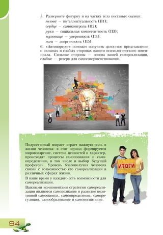 94
5.	 Разверните фигурку и на частях тела поставьте оценки:
голова — интеллектуальность (П1);
сердце — самоконтроль (П2);
руки — социальная компетентность (П3);
туловище — уверенность (П4);
ноги — энергичность (П5).
6.	 «Автопортрет» поможет получить целостное представление
о сильных и слабых сторонах вашего психологического потен-
циала. Сильные стороны — основа вашей самореализации,
слабые — резерв для самосовершенствования.
Подростковый возраст играет важную роль в
жизни человека: в этот период формируется
мировоззрение, система ценностей и характер,
происходят процессы самопознания и само-
определения, в том числе и выбор будущей
профессии. Уровень благополучия человека
связан с возможностью его самореализации в
различных сферах жизни.
В наше время у каждого есть возможности для
самореализации.
Важными компонентами стратегии самореали-
зации являются самопознание и развитие пози-
тивной самооценки, самоопределение, саморе-
гуляция, самообразование и самовоспитание.
 