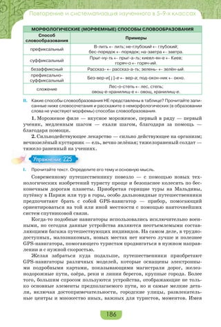 186
Повторение и систематизация изученного в 5–9-х классах
МОРФОЛОГИЧЕСКИЕ (МОРФЕМНЫЕ) СПОСОБЫ СЛОВООБРАЗОВАНИЯ
Способ
словообразования
Примеры
префиксальный
В-лить  лить; не-глубокий  глубокий;
бес-порядок  порядок; на-завтра  завтра.
суффиксальный
Прыг-ну-ть  прыг-а-ть; киевл-ян-е  Киев;
горяч-о  горяч-ий.
безаффиксный Рассказ-  рассказ-а-ть; зелень-  зелён-ый.
префиксально-
суффиксальный
Без-вер-и[ j ]-е  вер-а; под-окон-ник  окно.
сложение
Лес-о-степь  лес, степь;
овощ-е-хранилищ-е  овощ, хранилищ-е.
II. Какие способы словообразования НЕ представлены в таблице? Прочитайте запи-
санные ниже словосочетания и расскажите о неморфологических (в образовании
слова не участвуют морфемы) способах словообразования.
1. Мороженое филе — вкусное мороженое, первый в ряду — первый
ученик, медленным шагом — ехали шагом, благодаря за помощь —
благодаря помощи.
2. Сильнодействующее лекарство — сильно действующее на организм;
вечнозелёный кустарник — ель, вечно зелёная; тяжелораненый солдат —
тяжело раненный на учениях.
I. Прочитайте текст. Определите его тему и основную мысль.
Современному путешественнику повезло — с помощью новых тех-
нологических изобретений туристу проще и безопаснее колесить по бес-
конечным дорогам планеты. Приобретая горящие туры на Мальдивы,
путёвку в Париж или тур в горы, особо дальновидные путешественники
предпочитают брать с собой GPS-навигатор — прибор, помогающий
ориентироваться на той или иной местности с помощью наиточнейших
систем спутниковой связи.
Когда-то подобные навигаторы использовались исключительно воен-
ными, но сегодня данные устройства являются неотъемлемыми состав-
ляющими багажа путешествующих индивидов. На самом деле, в трудно-
доступных, малознакомых, новых местах нет ничего лучше и полезнее
GPS-навигатора, помогающего туристам продвигаться в нужном направ-
лении и с нужной скоростью.
Желая забраться куда подальше, путешественники приобретают
GPS-навигаторы различных моделей, которые оснащены электронны-
ми подробными картами, показывающими магистрали дорог, желез-
нодорожные пути, озёра, реки и линии берегов, крупные города. Более
того, большим спросом пользуются устройства, отображающие не толь-
ко основные элементы предполагаемого пути, но и самые мелкие дета-
ли, включая достопримечательности, городские улицы, развлекатель-
ные центры и множество иных, важных для туристов, моментов. Имея
Упражнение 225Упражнение 225
 