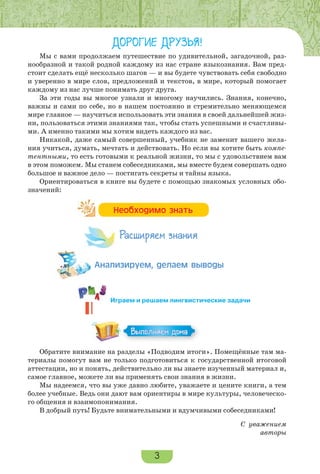 3
ДОРОГИЕ ДРУЗЬЯ!
Мы с вами продолжаем путешествие по удивительной, загадочной, раз-
нообразной и такой родной каждому из нас стране языкознания. Вам пред-
стоит сделать ещё несколько шагов — и вы будете чувствовать себя свободно
и уверенно в мире слов, предложений и текстов, в мире, который помогает
каждому из нас лучше понимать друг друга.
За эти годы вы многое узнали и многому научились. Знания, конечно,
важны и сами по себе, но в нашем постоянно и стремительно меняющемся
мире главное — научиться использовать эти знания в своей дальнейшей жиз-
ни, пользоваться этими знаниями так, чтобы стать успешными и счастливы-
ми. А именно такими мы хотим видеть каждого из вас.
Никакой, даже самый совершенный, учебник не заменит вашего жела-
ния учиться, думать, мечтать и действовать. Но если вы хотите быть компе-
тентными, то есть готовыми к реальной жизни, то мы с удовольствием вам
в этом поможем. Мы станем собеседниками, мы вместе будем совершать одно
большое и важное дело — постигать секреты и тайны языка.
Ориентироваться в книге вы будете с помощью знакомых условных обо-
значений:
Обратите внимание на разделы «Подводим итоги». Помещённые там ма-
териалы помогут вам не только подготовиться к государственной итоговой
аттестации, но и понять, действительно ли вы знаете изученный материал и,
самое главное, можете ли вы применять свои знания в жизни.
Мы надеемся, что вы уже давно любите, уважаете и цените книги, а тем
более учебные. Ведь они дают вам ориентиры в мире культуры, человеческо-
го общения и взаимопонимания.
В добрый путь! Будьте внимательными и вдумчивыми собеседниками!
С уважением
авторы
Íåîáõîäèìî çíàòü
Расширяем знания
Àíàëèçèðóåì, äåëàåì âûâîäû
Выполняем домаВыполняем дома
Играем и решаем лингвистические задачи
 