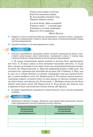 33
Глушь стала ниже и светлее,
В кустах свалялася трава,
И, под дождём осенним тлея,
Чернеет тёмная листва.
А в поле ветер. День холодный
Угрюм и свеж, — и целый день
Скитаюсь я в степи свободной
Вдали от сёл и деревень.
(Иван Бунин)
II. Найдите в тексте сложносочинённые предложения, назовите союзы, соединяю-
щие части предложения. Укажите, какие смысловые отношения возникают между
частями предложений.
III. Сделайте разбор по составу выделенного слова.
I. Спишите предложения, раскрывая скобки, вставляя пропущенные буквы и рас-
ставляя недостающие знаки препинания, подчеркните союзы. К какому виду
сложносочинённых предложений относятся данные предложения?
1. В глазах вспыхивали яркие молнии и жгучая боль пронизывала
всё тело. 2. Я гашу лампу и ночь начинает медленно светлеть. 3. З..ря
разг..ралась за окнами и в её свете стоял сад засыпанный цветами мокро-
го снега. (К. Паустовский). 4. Хрустит морозный воздух и небо каж..тся
чистым и пр..зрачным как молодой лёд на реке. (Ф. Гладков). 5. Пар..ход
б..жал по т..чению быстро и к вечеру следующего дня мы вышли на бе-
рег у стены хвойного леса. (Л. Мартынов). 6. То падали листья вместе с
хлопьями сырого, усталого снега то шёл дождь то светило позднее солн-
це, (не) тёплое, как звезда. (А. Платонов). 7. На берегу (ни) кого не было
дорога тоже была пуста. (В. Короленко). 8. Я на целые две недели уеду
в деревню и буду там встречать начало весны. (И. Бунин).
II. В первом предложении подчеркните второстепенные члены соответствующими
линиями.
I. Перенесите таблицу в тетрадь. Запишите, расставляя знаки препинания, данные
ниже предложения в соответствующие колонки таблицы.
Сложносочинённые
предложения
со значением
одновременности
Сложносочинённые
предложения
со значением
последовательности
Упражнение 39Упражнение 39
Упражнение 40Упражнение 40
 
