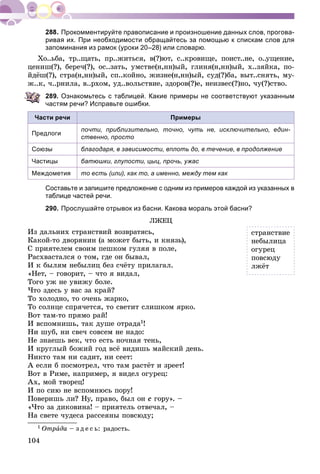 104
Прокомментируйте правописание и произношение данных слов, прогова-
ривая их. При необходимости обращайтесь за помощью к спискам слов для
запоминания из рамок (уроки 20–28) или словарю.
Õî..üáà, òð..ùàòü, ïð..æèòüñÿ, â(?)þò, ñ..êðîâèùå, ïîèñò..íå, î..óùåíèå,
öåíèø(?), áåðå÷(?), îñ..çàòü, óìñòâå(í,íí)ûé, ãëèíÿ(í,íí)ûé, õ..çÿéêà, ïî-
éäёø(?), ñòðà(í,íí)ûé, ñï..êîéíî, æèçíå(í,íí)ûé, ñóä(?)áà, âûò..ñíÿòü, ìó-
æ..ê, ÷..ðíèëà, â..ðõîì, óä..âîëüñòâèå, çäîðîâ(?)å, íåèçâåñ(?)íî, ÷ó(?)ñòâî.
289. Ознакомьтесь с таблицей. Какие примеры не соответствуют указанным
частям речи? Исправьте ошибки.
Части речи Примеры
Предлоги
почти, приблизительно, точно, чуть не, исключительно, един-
ственно, просто
Союзы благодаря, в зависимости, вплоть до, в течение, в продолжение
Частицы батюшки, глупости, цыц, прочь, ужас
Междометия то есть (или), как то, а именно, между тем как
Составьте и запишите предложение с одним из примеров каждой из указанных в
таблице частей речи.
290. Прослушайте отрывок из басни. Какова мораль этой басни?
ËÆÅÖ
Èç äàëüíèõ ñòðàíñòâèé âîçâðàòÿñü,
Êàêîé-òî äâîðÿíèí (à ìîæåò áûòü, è êíÿçü),
Ñ ïðèÿòåëåì ñâîèì ïåøêîì ãóëÿÿ â ïîëå,
Ðàñõâàñòàëñÿ î òîì, ãäå îí áûâàë,
È ê áûëÿì íåáûëèö áåç ñ÷ёòó ïðèëàãàë.
«Íåò, – ãîâîðèò, – ÷òî ÿ âèäàë,
Òîãî óæ íå óâèæó áîëå.
×òî çäåñü ó âàñ çà êðàé?
Òî õîëîäíî, òî î÷åíü æàðêî,
Òî ñîëíöå ñïðÿ÷åòñÿ, òî ñâåòèò ñëèøêîì ÿðêî.
Âîò òàì-òî ïðÿìî ðàé!
È âñïîìíèøü, òàê äóøå îòðàäà1!
Íè øóá, íè ñâå÷ ñîâñåì íå íàäî:
Íå çíàåøü âåê, ÷òî åñòü íî÷íàÿ òåíü,
È êðóãëûé áîæèé ãîä âñё âèäèøü ìàéñêèé äåíü.
Íèêòî òàì íè ñàäèò, íè ñååò:
À åñëè á ïîñìîòðåë, ÷òî òàì ðàñòёò è çðååò!
Âîò â Ðèìå, íàïðèìåð, ÿ âèäåë îãóðåö:
Àõ, ìîé òâîðåö!
È ïî ñèþ íå âñïîìíþñü ïîðó!
Ïîâåðèøü ëè? Íó, ïðàâî, áûë îí ñ ãîðó». –
«×òî çà äèêîâèíà! – ïðèÿòåëü îòâå÷àë, –
Íà ñâåòå ÷óäåñà ðàññåÿíû ïîâñþäó;
1 Îòðàäà – ç ä å ñ ü: ðàäîñòü.
ñòðàíñòâèå
íåáûëèöà
îãóðåö
ïîâñþäó
ëæёò
 