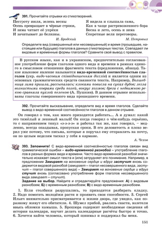 151
391. Прочитайте отрывки из стихотворений.
ðîòó èþëÿ, çåëåíü âåñíû
Îñåíü ïðåâðàùàåò â ÷ёðíûå ñòðîêè,
È çèìà ÷èòàåò åё óïðёêè
È çà÷èòûâàåò äî áåëèçíû.
È. Áðîäñêèé
ß âèäåëà è ñëûøàëà ñàìà,
Êàê â ÷àùå ðàñòðåâîæåííîãî áîðà
Âåñíà è ëåòî, îñåíü è çèìà
Ñåêðåòíûå âåëè ïåðåãîâîðû.
Ì. Ïåòðîâûõ
Определите вид (совершенный или несовершенный) и время (прошедшее, на-
стоящее или будущее) глаголов в данных стихотворных текстах. Совпадают ли
видовые и временные формы глаголов? Сравните свой вывод с правилом.
Â ðóññêîì ÿçûêå, êàê è â óêðàèíñêîì, ïðåäïî÷òèòåëüíî ñîãëàñîâàí-
íîå óïîòðåáëåíèå ôîðì ãëàãîëîâ îäíîãî âèäà è âðåìåíè â ðàìêàõ åäèíî-
ãî â ñìûñëîâîì îòíîøåíèè ôðàãìåíòà òåêñòà (ïðåäëîæåíèÿ, àáçàöà). Òà-
êîå ÿçûêîâîå ÿâëåíèå íàçûâàåòñÿ âèäî-âðåìåííîé ñîîòíåñёííîñòüþ ãëà-
ãîëîâ (óêð. âèäî-÷àñîâèì ñïіââіäíîøåííÿì äієñëіâ) è ÿâëÿåòñÿ îäíèì èç
îñíîâíûõ ãðàììàòè÷åñêèõ ñðåäñòâ ñâÿçíîñòè òåêñòà. Íàïðèìåð, Âîëøåá-
íèöà çèìà ïðèøëà, ðàññûïàëàñü; êëîêàìè ïîâèñëà íà ñóêàõ äóáîâ; ëåãëà
âîëíèñòûìè êîâðàìè ñðåäè ïîëåé, âîêðóã õîëìîâ; áðåãà ñ íåäâèæíîþ ðå-
êîþ ñðàâíÿëà ïóõëîé ïåëåíîþ (À. Ïóøêèí). Â äàííîì îòðûâêå èñïîëüçî-
âàíû ãëàãîëû ñîâåðøåííîãî âèäà ïðîøåäøåãî âðåìåíè.
392. Прочитайте высказывание, определите вид и время глаголов. Сделайте
вывод о видо-временной соотнесённости глаголов в данном отрывке.
Îí ãîâîðèë î òîì, êàê ìíîãî ïðèõîäèòñÿ ðàáîòàòü... À ÿ äóìàë: êàêîé
ýòî òÿæёëûé è ëåíèâûé ìàëûé! Îí êîãäà ãîâîðèë î ÷ёì-íèáóäü ñåðüёçíî,
òî ñ íàïðÿæåíèåì òÿíóë «ý-ý-ý-ý» è ðàáîòàë òàê æå, êàê ãîâîðèë, – ìåä-
ëåííî, âñåãäà îïàçäûâàÿ, ïðîïóñêàÿ ñðîêè. Â åãî äåëîâèòîñòü ÿ ïëîõî âå-
ðèë óæå ïîòîìó, ÷òî ïèñüìà, êîòîðûå ÿ ïîðó÷àë åìó îòïðàâëÿòü íà ïî÷òó,
îí ïî öåëûì íåäåëÿì òàñêàë ó ñåáÿ â êàðìàíå.
À. ×åõîâ
393. Запомните! С видо-временной соотнесённостью глаголов связан вид
грамматической ошибки – видо-временной разнобой – употребление глаго-
лов в разных формах вида и времени. Часто видо-временной разнобой значи-
тельно искажает смысл текста и (или) затрудняет его понимание. Например, в
предложении Замирает на мгновение сердце и вдруг застучит вновь со-
держится видовой разнобой (замирает – глагол несовершенного вида, засту-
чит – глагол совершенного вида) – Замирает на мгновение сердце и вдруг
стучит вновь (согласовано употребление форм глаголов несовершенного
вида замирает – стучит).
Задание на выбор. Найдите и отредактируйте предложения: А) с видовым
разнобоем; Б) с временным разнобоем; В) с видо-временным разнобоем.
1. Åñëè ñòîëáèêè ðàçðóøàëèñü, òî ïðèõîäèòñÿ ðàçáèðàòü êëàäêó.
2. Íàäî ïîìîãàòü ìîëîäёæè ðàñòè è ïðîÿâèòü ñâîè ñïîñîáíîñòè. 3. Ñåðãåé
Èëüè÷ âíèìàòåëüíî ïðèñìàòðèâàåòñÿ ê æèçíè äâîðà, ãäå óâèäåë, êàê ïî-
ðàçíîìó æèâóò åãî îáèòàòåëè. 4. Øóìåë ïðèáîé, ðâàëèñü ñíàñòè, âçëåòåëè
ââûñü îáëîìêè êàìûøà. 5. Áðîøþðà ñîäåðæèò íåîáõîäèìûå ñâåäåíèÿ îá
èñòîðèè êàëåíäàðÿ, íàó÷èò äåëàòü êàëåíäàðíûå ðàñ÷ёòû áûñòðî è òî÷íî.
6. Õî÷åòñÿ íàéòè ÷åëîâåêà, êîòîðûé ïîíèìàë è ïîääåðæàë áû ìåíÿ.
 
