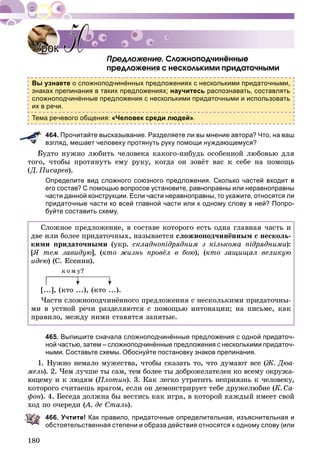180
Ñëîæíîïîä÷èíёííûå
ïðåäëîæåíèÿ ñ íåñêîëüêèìè ïðèäàòî÷íûìè
Вы узнаете о сложноподчинённых предложениях с несколькими придаточными,
знаках препинания в таких предложениях; научитесь распознавать, составлять
сложноподчинённые предложения с несколькими придаточными и использовать
их в речи.
Тема речевого общения: «Человек среди людей».
464. Прочитайте высказывание. Разделяете ли вы мнение автора? Что, на ваш
взгляд, мешает человеку протянуть руку помощи нуждающемуся?
Áóäòî íóæíî ëþáèòü ÷åëîâåêà êàêîãî-íèáóäü îñîáåííîé ëþáîâüþ äëÿ
òîãî, ÷òîáû ïðîòÿíóòü åìó ðóêó, êîãäà îí çîâёò âàñ ê ñåáå íà ïîìîùü
(Ä. Ïèñàðåâ).
Определите вид сложного союзного предложения. Сколько частей входит в
его состав? С помощью вопросов установите, равноправны или неравноправны
части данной конструкции. Если части неравноправны, то укажите, относятся ли
придаточные части ко всей главной части или к одному слову в ней? Попро-
буйте составить схему.
Ñëîæíîå ïðåäëîæåíèå, â ñîñòàâå êîòîðîãî åñòü îäíà ãëàâíàÿ ÷àñòü è
äâå èëè áîëåå ïðèäàòî÷íûõ, íàçûâàåòñÿ ñëîæíîïîä÷èíёííûì ñ íåñêîëü-
êèìè ïðèäàòî÷íûìè (óêð. ñêëàäíîïіäðÿäíèì ç êіëüêîìà ïіäðÿäíèìè):
[ß òåì çàâèäóþ[ ], (êòî æèçíü ïðîâёë â áîþ), (êòî çàùèùàë âåëèêóþ
èäåþ) (Ñ. Åñåíèí).
ê î ì ó?
[...], (êòî ...), (êòî ...).
×àñòè ñëîæíîïîä÷èíёííîãî ïðåäëîæåíèÿ ñ íåñêîëüêèìè ïðèäàòî÷íû-
ìè â óñòíîé ðå÷è ðàçäåëÿþòñÿ ñ ïîìîùüþ èíòîíàöèè; íà ïèñüìå, êàê
ïðàâèëî, ìåæäó íèìè ñòàâÿòñÿ çàïÿòûå.
465. Выпишите сначала сложноподчинённые предложения с одной придаточ-
ной частью, затем – сложноподчинённые предложения с несколькими придаточ-
ными. Составьте схемы. Обоснуйте постановку знаков препинания.
1. Íóæíî íåìàëî ìóæåñòâà, ÷òîáû ñêàçàòü òî, ÷òî äóìàþò âñå (Æ. Äþà-((
ìåëü). 2. ×åì ëó÷øå òû ñàì, òåì áîëåå òû äîáðîæåëàòåëåí êî âñåìó îêðóæà-
þùåìó è ê ëþäÿì (Ïëîòèí). 3. Êàê ëåãêî óòðàòèòü íåïðèÿçíü ê ÷åëîâåêó,
êîòîðîãî ñ÷èòàåøü âðàãîì, åñëè îí äåìîíñòðèðóåò òåáå äðóæåëþáèå (Ê. Ñà-
ôîí). 4. Áåñåäà äîëæíà áû âåñòèñü êàê èãðà, â êîòîðîé êàæäûé èìååò ñâîé
õîä ïî î÷åðåäè (À. äå Ñòàëü(( ).
466. Учтите! Как правило, придаточные определительная, изъяснительная и
обстоятельственная степени и образа действия относятся к одному слову (или
УрокУрок 5050
 