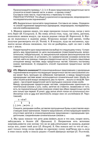 185
Проанализируйте примеры 1, 2, 3, 4. В каких предложениях придаточные части
относятся ко всей главной части, в каких – к одному слову?
Составьте план текста, подготовьтесь к пересказу по плану.
РАБОТА В ГРУППАХ. Что общего и различного в однородном, неоднородном и
последовательном подчинениях?
475. Выразительно прочитайте предложения. Составьте их схемы. Определи-
те способ подчинения придаточных (однородное, неоднородное, последователь-
ное или комбинированное).
1. Ìîðÿêè õîðîøî çíàþò, ÷òî ìîðå ïðåêðàñíî òîëüêî òîãäà, êîãäà ó íåãî
åñòü áåðåã (Â. Ñîëîóõèí). 2. Íà ñåâåð ëåòåëà ñòàÿ, òóäà, ãäå ñíåãà, ðàñòàÿâ,
íàïîëíèëè çâîíîì âîçäóõ, ãäå æäàëè ðîäíûå ãíёçäà (Â. Êàðïåíêî). 3. Êîã-
äà îí ïîäúåçæàë ê çàäíåìó äâîðó, Åãîðóøêà íàïðÿã ñâîё çðåíèå, ÷òîáû
ïîëó÷øå ðàññìîòðåòü åãî (À. ×åõîâ(( ). 4. Â âîçäóõå, êóäà íè âçãëÿíåøü, êðó-
æàòñÿ öåëûå îáëàêà ñíåæèíîê, òàê ÷òî íå ðàçáåðёøü, èäёò ëè ñíåã ñ íåáà
èëè ñ çåìëè.
Охарактеризуйте одно предложение (на выбор) по следующему плану: 1) опре-
делить вид предложения по цели высказывания (повествовательное, вопро-
сительное, побудительное), по эмоциональной окраске (восклицательное или
невосклицательное); 2) установить (по грамматическим основам) количество
частей, найти их границы, главную и придаточные части; 3) указать смысловые
отношения между частями, виды придаточных частей, пояснить постановку
знаков препинания; 4) определить способ подчинения придаточных частей
главной.
476. Обратите внимание! В сложноподчинённых предложениях с однородным
подчинением во второй и последующих придаточных частях союз (союзное сло-
во) может быть пропущен во избежание повторений, а между придаточными
однородными частями может использоваться сочинительный союз: (Когда до-
ждик пошёл) и (всё вокруг засверкало), [мы по тропе ... вышли из леса] (М. При-
швин) – при второй придаточной части пропущено союзное слово когда.
Между однородными придаточными частями, соединёнными одиночным со-
чинительным союзом и (или, либо), запятая не ставится, независимо от того,
есть ли подчинительный союз (союзное слово) при обеих придаточных частях
или только при первой: Я узнал, что залив этот похож на исполинский кон-
денсатор соли и что вся местность вокруг него не исследована (К. Паус-
товский).
о ч ё м?
[...], (что ...) и (что ...).
Спишите, раскрывая скобки, вставляя пропущенные буквы и расставляя недо-
стающие знаки препинания. Укажите предложения, иллюстрирующие правило
отсутствия запятой в сложноподчинённом предложении с однородными при-
даточными, соединёнными сочинительным союзом и.
1. Ìû ñðàçó ïîíÿëè ÷òî äåòè äîìà (íå)íî÷..âàëè è ÷òî îíè, ñêîðåå âñåãî,
çàáëóäèëèñü â áîëîòå (Ì. Ïðèøâèí). 2. Ïàòðèîòèçì åñòü èñòî÷íèê
æåðòâå(í,íí)îñòè óæå ïîòîìó ÷òî îí íå ðà(ñ,ññ)÷èòûâàåò íà âîçíàãð..æäåíèå
êîãäà èñï..ëíÿåò ñâîé äîëã (Ë. Êîøóò). 3. Îíà ïîíÿëà âñё òî ÷òî åё îæ..-
äàåò òîëüêî òîãäà êîãäà ïðîéäÿ ïî êðàñíîìó ñóêíó ïîä(?)åçäà îíà â..øëà
â ñåíè ñíÿëà øóáó è ïîøëà ðÿäîì ñ Ñîíåé (â)ïåðåäè ìàòåðè (Ë. Òîëñòîé).
 