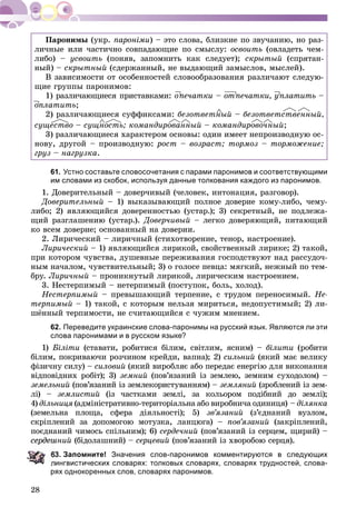 28
Ïàðîíèìû (óêð. ïàðîíіìè) – ýòî ñëîâà, áëèçêèå ïî çâó÷àíèþ, íî ðàç-
ëè÷íûå èëè ÷àñòè÷íî ñîâïàäàþùèå ïî ñìûñëó: îñâîèòü (îâëàäåòü ÷åì-
ëèáî) – óñâîèòü (ïîíÿâ, çàïîìíèòü êàê ñëåäóåò); ñêðûòûé (ñïðÿòàí-
íûé) – ñêðûòíûé (ñäåðæàííûé, íå âûäàþùèé çàìûñëîâ, ìûñëåé).
Â çàâèñèìîñòè îò îñîáåííîñòåé ñëîâîîáðàçîâàíèÿ ðàçëè÷àþò ñëåäóþ-
ùèå ãðóïïû ïàðîíèìîâ:
1) ðàçëè÷àþùèåñÿ ïðèñòàâêàìè: îïå÷àòêè – îòïå÷àòêè, óïëàòèòü –
îïëàòèòü;
2) ðàçëè÷àþùèåñÿ ñóôôèêñàìè: áåçîòâåòíûé – áåçîòâåòñòâåííûé,
ñóùåñòâî – ñóùíîñòü; êîìàíäèðîâàííûé – êîìàíäèðîâî÷íûé;
3) ðàçëè÷àþùèåñÿ õàðàêòåðîì îñíîâû: îäèí èìååò íåïðîèçâîäíóþ îñ-
íîâó, äðóãîé – ïðîèçâîäíóþ: ðîñò – âîçðàñò; òîðìîç – òîðìîæåíèå;
ãðóç – íàãðóçêà.
61. Устно составьте словосочетания с парами паронимов и соответствующими
им словами из скобок, используя данные толкования каждого из паронимов.
1. Äîâåðèòåëüíûé – äîâåð÷èâûé (÷åëîâåê, èíòîíàöèÿ, ðàçãîâîð).
Äîâåðèòåëüíûé – 1) âûêàçûâàþùèé ïîëíîå äîâåðèå êîìó-ëèáî, ÷åìó-
ëèáî; 2) ÿâëÿþùèéñÿ äîâåðåííîñòüþ (óñòàð.); 3) ñåêðåòíûé, íå ïîäëåæà-
ùèé ðàçãëàøåíèþ (óñòàð.). Äîâåð÷èâûé – ëåãêî äîâåðÿþùèé, ïèòàþùèé
êî âñåì äîâåðèå; îñíîâàííûé íà äîâåðèè.
2. Ëèðè÷åñêèé – ëèðè÷íûé (ñòèõîòâîðåíèå, òåíîð, íàñòðîåíèå).
Ëèðè÷åñêèé – 1) ÿâëÿþùèéñÿ ëèðèêîé, ñâîéñòâåííûé ëèðèêå; 2) òàêîé,
ïðè êîòîðîì ÷óâñòâà, äóøåâíûå ïåðåæèâàíèÿ ãîñïîäñòâóþò íàä ðàññóäî÷-
íûì íà÷àëîì, ÷óâñòâèòåëüíûé; 3) î ãîëîñå ïåâöà: ìÿãêèé, íåæíûé ïî òåì-
áðó. Ëèðè÷íûé – ïðîíèêíóòûé ëèðèêîé, ëèðè÷åñêèì íàñòðîåíèåì.
3. Íåñòåðïèìûé – íåòåðïèìûé (ïîñòóïîê, áîëü, õîëîä).
Íåñòåðïèìûé – ïðåâûøàþùèé òåðïåíèå, ñ òðóäîì ïåðåíîñèìûé. Íå-
òåðïèìûé – 1) òàêîé, ñ êîòîðûì íåëüçÿ ìèðèòüñÿ, íåäîïóñòèìûé; 2) ëè-
øёííûé òåðïèìîñòè, íå ñ÷èòàþùèéñÿ ñ ÷óæèì ìíåíèåì.
62. Переведите украинские слова-паронимы на русский язык. Являются ли эти
слова паронимами и в русском языке?
1) Áіëіòè (ñòàâàòè, ðîáèòèñÿ áіëèì, ñâіòëèì, ÿñíèì) – áіëèòè (ðîáèòè
áіëèì, ïîêðèâàþ÷è ðîç÷èíîì êðåéäè, âàïíà); 2) ñèëüíèé (ÿêèé ìàє âåëèêó
ôіçè÷íó ñèëó) – ñèëîâèé (ÿêèé âèðîáëÿє àáî ïåðåäàє åíåðãіþ äëÿ âèêîíàííÿ
âіäïîâіäíèõ ðîáіò); 3) çåìíèé (ïîâ’ÿçàíèé іç çåìëåþ, çåìíèì ñóõîäîëîì) –
çåìåëüíèé (ïîâ’ÿçàíèé іç çåìëåêîðèñòóâàííÿì) – çåìëÿíèé (çðîáëåíèé іç çåì-
ëі) – çåìëèñòèé (іç ÷àñòêàìè çåìëі, çà êîëüîðîì ïîäіáíèé äî çåìëі);
4) äіëüíèöÿ (àäìіíіñòðàòèâíî-òåðèòîðіàëüíà àáî âèðîáíè÷à îäèíèöÿ) – äіëÿíêà
(çåìåëüíà ïëîùà, ñôåðà äіÿëüíîñòі); 5) çâ’ÿçàíèé (ç’єäíàíèé âóçëîì,
ñêðіïëåíèé çà äîïîìîãîþ ìîòóçêà, ëàíöþãà) – ïîâ’ÿçàíèé (çàêðіïëåíèé,
ïîєäíàíèé ÷èìîñü ñïіëüíèì); 6) ñåðäå÷íèé (ïîâ’ÿçàíèé іç ñåðöåì, ùèðèé) –
ñåðäåøíèé (áіäîëàøíèé) – ñåðöåâèé (ïîâ’ÿçàíèé іç õâîðîáîþ ñåðöÿ).
3. Запомните! Значения слов-паронимов комментируются в следующих
лингвистических словарях: толковых словарях, словарях трудностей, слова-
рях однокоренных слов, словарях паронимов.
ï ï
 