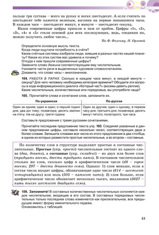 43
ïàëüöå òðè ñóñòàâà – âñåãî íà ðóêàõ è íîãàõ øåñòüäåñÿò. À åñëè ñ÷èòàòü ïî
øåñòüäåñÿò òåáå êàæåòñÿ íåëåïûì, âçãëÿíè íà ïåðâûå ïîïàâøèåñÿ ÷àñû.
Â êàæäîì ÷àñå – øåñòüäåñÿò ìèíóò, â ìèíóòå – øåñòüäåñÿò ñåêóíä.
Íàøè ñîâðåìåííûå öèôðû ïðèøëè ê íàì îò àðàáîâ. Öèôðû «1», «2»,
«3», «4» è «5» ñòàëè îñíîâîé äëÿ âñåõ ïîñëåäóþùèõ, âåäü, ñîåäèíÿÿ èõ,
ìîæíî ïîëó÷èòü ëþáîå ÷èñëî...
Ïî Ô. Ôîëñîìó, Í. Îðëîâîé
Определите основную мысль текста.
Когда люди ощутили потребность в счёте?
Какие счётные системы изобрели люди, жившие в разных частях нашей плане-
ты? Какая из этих систем вас удивила и почему?
Откуда к нам пришли современные цифры?
амените слово дюжина соответствующим ему числительным.
Назовите части речи в выделенных курсивом словосочетаниях.
Докажите, что слово часы – многозначное.ы
104. РАБОТА В ПАРАХ. Сколько в каждом часе минут, в каждой минуте –
секунд? Для чего человеку необходима категория времени? Обсудите эти вопро-
сы в ходе информационного диалога «Который час?» (восемь-девять реплик).
Какие числительные, количественные или порядковые, вы употребите чаще?
105. Прочитайте слова и сочетания слов, запомните их.
По-украински По-русски
Один за одним; один в один; о першій годині
дня; два дні тому; позавчора; десять хвилин
на п’яту; пів на другу; третя година
Один за другим; один к одному; в первом
часу дня; третьего дня; позавчера; десять
минут пятого; полвторого; три часа
Составьте предложения с тремя русскими сочетаниями.
Прочитайте последнее предложение текста упр. 103. Соединяя указанные в дан-
ном предложении цифры, составьте несколько чисел, соответствующих двум и
более словам. Запишите словами все числа из этого предложения в два столбца,
в одном из которых разместите простые числительные, а во втором – составные.
Ïî êîëè÷åñòâó ñëîâ â ñòðóêòóðå âûäåëÿþò ïðîñòûå è ñîñòàâíûå ÷èñ-
ëèòåëüíûå. Ïðîñòûå (óêð. ïðîñòі) ÷èñëèòåëüíûå ñîñòîÿò èç îäíîãî ñëî-
âà (äâà, äåâÿòü), à ñîñòàâíûå (óêð. ñêëàäåíі) – èç äâóõ èëè áîëåå ñëîâ
(òðèäöàòü âîñåìü, äâåñòè òðèäöàòü ïÿòü). Â ñîñòàâíîì ÷èñëèòåëüíîì
ñòîëüêî æå ñëîâ, ñêîëüêî öèôð â àðèôìåòè÷åñêîì ÷èñëå (48 – ñîðîê
âîñåìü; 297 – äâåñòè äåâÿíîñòî ñåìü). Îäíàêî: 1) ñëîâ ìåíüøå, åñëè â
ñîñòàâ ÷èñëà âõîäÿò öèôðû, îáîçíà÷àþùèå îäíî ÷èñëî (614 – øåñòüñîò
÷åòûðíàäöàòü) èëè íîëü (505 – ïÿòüñîò ïÿòü); 2) ñëîâ áîëüøå, åñëè
àðèôìåòè÷åñêîå ÷èñëî îáîçíà÷àåò íåñêîëüêî òûñÿ÷, ìèëëèîíîâ (5627 –
ïÿòü òûñÿ÷ øåñòüñîò äâàäöàòü ñåìü).
06. Запомните! В составных количественных числительных склоняется каж-
дое числительное, входящее в его состав. В составных порядковых числи-
тельных только последнее слово изменяется как прилагательное, все преды-
дущие имеют форму именительного падежа.
Ознакомьтесь с таблицей.
 