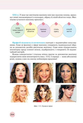 204
ХХІ ст. У наш час мистецтво макіяжу вже має наукову основу, врахо-
вує певні закономірності в кольорах, обрису й ліній обличчя тощо. Мис-
тецтво сучасного макіяжу враховує:
Професії візажиста й косметолога сьогодні є надзвичайно популяр-
ними. Саме ці фахівці у сфері макіяжу створюють індивідуальні обра-
зи за допомогою засобів мистецтва макіяжу. Саме вони підкреслюють
неповторну вроду кожної жінки, відображають і створюють їй надзви-
чайний настрій.
Кожна самодостатня і стильна жінка прагне за допомогою макіяжу
підкреслити свою неповторність (мал. 111). І cправді — вони абсолютно
різні, кожна з них по-своєму неймовірно вродлива!
спосіб
життя
стиль
одягу
призна-
чення
форму рис
обличчя
колір
і властивості
шкіри
Мал. 111. Сучасні зірки
 