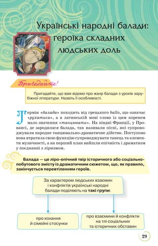29
Т
ермін «балада» походить від грецького ballo, що означає
«рухатися», а в латинській мові слово із цим коренем
мало значення «танцювати». На півдні Франції, у Про-
вансі, де зародилася балада, так називали пісні, які супрово-
джували народне танцювально-драматичне дійство. Поступово
вона втратила свою функцію супроводжувати танець та елемен-
ти музичності, а на перший план вийшли епічність і драматизм
у поєднанні з ліризмом.у
Балада — це ліро-епічний твір історичного або соціально-
побутового змісту із драматичним сюжетом, що, як правило,
закінчується перевтіленням героїв.
Українські народні балади:
героїка складних
людських дольлюдських доль
За характером людських взаємин
і конфліктів українські народні
балади поділяють на такі групи:
про кохання
й сімейні стосунки
про взаємини й конфлікти
на тлі соціальних
та історичних обставин
Пригадайте!
Пригадайте, що вам відомо про жанр балади з уроків зару-
біжної літератури. Назвіть її особливості.
ни й
 