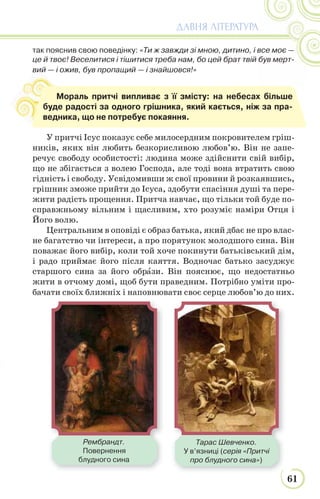 61
ДАВНЯ ЛІТЕРАТУРА
Рембрандт.
Повернення
блудного сина
так пояснив свою поведінку: «Ти ж завжди зі мною, дитино, і все моє —
це й твоє! Веселитися і тішитися треба нам, бо цей брат твій був мерт-
вий — і ожив, був пропащий — і знайшовся!»
У притчі Ісус показує себе милосердним покровителем гріш-
ників, яких він любить безкорисливою любов’ю. Він не запе-
речує свободу особистості: людина може здійснити свій вибір,
що не збігається з волею Господа, але тоді вона втратить свою
гідність і свободу. Усвідомивши ж свої провини й розкаявшись,
грішник зможе прийти до Ісуса, здобути спасіння душі та пере-
жити радість прощення. Притча навчає, що тільки той буде по-
справжньому вільним і щасливим, хто розуміє наміри Отця і
Його волю.
Центральним в оповіді є образ батька, який дбає не про влас-
не багатство чи інтереси, а про порятунок молодшого сина. Він
поважає його вибір, коли той хоче покинути батьківський дім,
і радо приймає його після каяття. Водночас батько засуджує
старшого сина за його обрàзи. Він пояснює, що недостатньо
жити в отчому домі, щоб бути праведним. Потрібно уміти про-
бачати своїх ближніх і наповнювати своє серце любов’ю до них.
вий
Мораль притчі випливає з її змісту: на небесах більше
буде радості за одного грішника, який кається, ніж за пра-
ведника, що не потребує покаяння.
Тарас Шевченко.
У в’язниці (серія «Притчі
про блудного сина»)
 