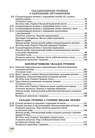 СКЛАДНОПІДРЯДНІ РЕЧЕННЯ
З ПІДРЯДНИМИ ОБСТАВИННИМИ
§ 9. Складнопідрядні речення з підрядними способу дії, ступеня,
порівняльними...............................................................................................................68
Плекаймо слово................................................................................................................72
М и діти твої, Україно! Великий будівничий м остів.................................. 73
§10. Складнопідрядні речення з підрядними місця і ч асу.................................... 75
§11. Складнопідрядні речення з підрядними умови, причини і м ети..............78
§12. Складнопідрядні речення з підрядними допустовими
і наслідковими.................................................................................................................82
Розвиток мовлення. Наукове повідомлення......................................................85
Культура спілкування. Виступ перед аудиторією..........................................87
Корисна порада............................................................................................................... 87
М овний розбір. Синтаксичний розбір складнопідрядного речення........88
М и діти твої, Україно! Перший президент України.................................. 90
§ 13. Складнопідрядні речення з кількома підрядними..........................................93
М овний розбір. Синтаксичний розбір складнопідрядного речення
з кількома підрядними.................................................................................................99
Плекаймо слово............................................................................................................. 100
Розвиток мовлення. Переказ тексту публіцистичного стилю ................ 101
Контрольні запитання і завдання..........................................................................103
БЕЗСПОЛУЧНИКОВЕ СКЛАДНЕ РЕЧЕННЯ
§14. Смислові відношення між компонентами в безсполучниковому
складному реченні....................................................................................................... 105
Плекаймо слово............................................................................................................. 109
§15. Кома і крапка з комою в безсполучниковому складному реченні.........110
§16. Двокрапка в безсполучниковому складному реченні..................................113
М и діти твої, Україно! Знавець Сходу..............................................................116
§17. Тире в безсполучниковому складному реченні............................................... 118
Плекаймо слово............................................................................................................. 121
М и діти твої, Україно! Геніальна дочка українського народу...............122
Розвиток мовлення. Переказ із творчим завданням................................... 124
М овний розбір. Синтаксичний розбір безсполучникового складного
речення............................................................................................................................. 126
Контрольні запитання і завдання..........................................................................129
СКЛАДНІ РЕЧЕННЯ З РІЗНИМИ ВИДАМИ ЗВ’ЯЗКУ
§ 18. Складні речення із сурядним і підрядним зв’язком.....................................131
§ 19. Складні речення зі сполучниковим і безсполучниковим зв’язк ом ......136
Розвиток мовлення. Тези статей на морально-етичні
та суспільні тем и.......................................................................................................... 140
М овний розбір. Синтаксичний розбір складного речення з різними
видами зв’язк у...............................................................................................................142
М и діти твої, Україно! Чародійка оперної сц ен и........................................145
Розвиток мовлення. Твір у публіцистичному стилі
на морально-етичну тем у..........................................................................................147
Контрольні запитання і завдання..........................................................................150
238
 