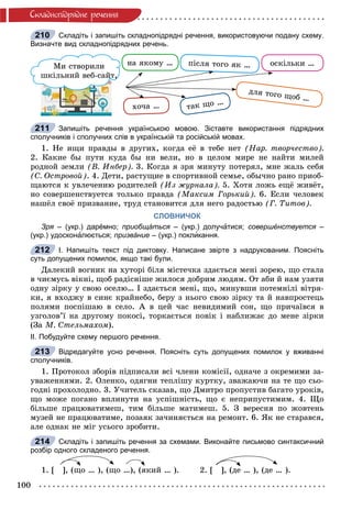 100
Ñêëàäíîïiäðÿäíå ðå÷åííÿ
Складіть і запишіть складнопідрядні речення, використовуючи подану схему.
Визначте вид складнопідрядних речень.
íà ÿêîìó …
õî÷à …
ïіñëÿ òîãî ÿê … îñêіëüêè …
äëÿ òîãî ùîá …
òàê ùî …
Ìè ñòâîðèëè
,øêіëüíèé âåá-ñàéò,éò,
Запишіть речення українською мовою. Зіставте використання підрядних
сполучників і сполучних слів в українській та російській мовах.
1. Íå èùè ïðàâäû â äðóãèõ, êîãäà åё â òåáå íåò (Íàð. òâîð÷åñòâî).
2. Êàêèå áû ïóòè êóäà áû íè âåëè, íî â öåëîì ìèðå íå íàéòè ìèëåé
ðîäíîé çåìëè (Â. Èíáåð). 3. Êîãäà ÿ çðÿ ìèíóòó ïîòåðÿë, ìíå æàëü ñåáÿ
(Ñ. Îñòðîâîé). 4. Äåòè, ðàñòóùèå â ñïîðòèâíîé ñåìüå, îáû÷íî ðàíî ïðèîá-
ùàþòñÿ ê óâëå÷åíèþ ðîäèòåëåé (Èç æóðíàëà). 5. Õîòÿ ëîæü åùё æèâёò,
íî ñîâåðøåíñòâóåòñÿ òîëüêî ïðàâäà (Ìàêñèì Ãîðüêèé). 6. Åñëè ÷åëîâåê
íàøёë ñâîё ïðèçâàíèå, òðóä ñòàíîâèòñÿ äëÿ íåãî ðàäîñòüþ (Ã. Òèòîâ).
СЛОВНИЧОК
Зря – (укр.) дарéмно;я приобщáться – (укр.) долучя атися; совершéнствуется –я
(укр.) удосконалюється; призвáние – (укр.) покликання.
І. Напишіть текст під диктовку. Написане звірте з надрукованим. Поясніть
суть допущених помилок, якщо такі були.
Äàëåêèé âîãíèê íà õóòîðі áіëÿ ìіñòå÷êà çäàєòüñÿ ìåíі çîðåþ, ùî ñòàëà
â ÷èєìóñü âіêíі, ùîá ðàäіñíіøå æèëîñÿ äîáðèì ëþäÿì. Îò àáè é íàì óçÿòè
îäíó çіðêó ó ñâîþ îñåëþ… І çäàєòüñÿ ìåíі, ùî, ìèíóâøè ïîòåìíіëі âіòðÿ-
êè, ÿ âõîäæó â ñèíє êðàéíåáî, áåðó ç íüîãî ñâîþ çіðêó òà é íàâïðîñòåöü
ïîëÿìè ïîñïіøàþ â ñåëî. À â öåé ÷àñ íåâèäèìèé ñîí, ùî ïðè÷àїâñÿ â
óçãîëîâ’ї íà äðóãîìó ïîêîñі, òîðêàєòüñÿ ïîâіê і íàáëèæàє äî ìåíå çіðêè
(Çà Ì. Ñòåëüìàõîì).
ІІ. Побудуйте схему першого речення.
Відредагуйте усно речення. Поясніть суть допущених помилок у вживанні
сполучників.
1. Ïðîòîêîë çáîðіâ ïіäïèñàëè âñі ÷ëåíè êîìіñії, îäíà÷å ç îêðåìèìè çà-
óâàæåííÿìè. 2. Îëåíêî, îäÿãíè òåïëіøó êóðòêó, çâàæàþ÷è íà òå ùî ñüî-
ãîäíі ïðîõîëîäíî. 3. Ó÷èòåëü ñêàçàâ, ùî Äìèòðî ïðîïóñòèâ áàãàòî óðîêіâ,
ùî ìîæå ïîãàíî âïëèíóòè íà óñïіøíіñòü, ùî є íåïðèïóñòèìèì. 4. Ùî
áіëüøå ïðàöþâàòèìåø, òèì áіëüøå ìàòèìåø. 5. Ç âåðåñíÿ ïî æîâòåíü
ìóçåé íå ïðàöþâàòèìå, ïîçàÿê çà÷èíÿєòüñÿ íà ðåìîíò. 6. ßê íå ñòàðàâñÿ,
àëå îäíàê íå ìіã óñüîãî çðîáèòè.
Складіть і запишіть речення за схемами. Виконайте письмово синтаксичний
розбір одного складеного речення.
1. [ ], (ùî … ), (ùî …), (ÿêèé … ). 2. [ ], (äå … ), (äå … ).
210
211
212
213
214
 