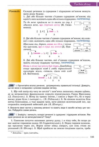 141
Ðiçíi âèäè çâ’ÿçêó
Різновиди Ñêëàäíі ðå÷åííÿ іç ñóðÿäíèì і ïіäðÿäíèì çâ’ÿçêîì ìîæóòü
ìàòè ðіçíó áóäîâó.
1. Äâі àáî áіëüøå ÷àñòèí ç’єäíàíî ñóðÿäíèì çâ’ÿçêîì; âіä
îäíієї ç íèõ çàëåæèòü îäíà àáî êіëüêà ïіäðÿäíèõ. НАПРИКЛАД:
Òè äî ìåíå ïðèéøëà íå іç êàçêè ÷è ñíó, і
çäàëîñÿ ìåíі, ùî ñòðі÷àþ âåñíó (Â. Ñèìî-
íåíêî).
[ ], і [ ], (ùî … ).
1 2 3
2. Äâі àáî áіëüøå ÷àñòèí ç’єäíàíî ñóðÿäíèì çâ’ÿçêîì; âіä êîæ-
íîї ç íèõ çàëåæèòü îäíà àáî êіëüêà ïіäðÿäíèõ. НАПРИКЛАД:
Ùàñëèâà òè, äîðîãî, ÿêîþ ìè іäåì, і ïіñíÿ
òà ùàñëèâà, ùî â ñåðöі ìè íåñåì (Ä. Ïàâ-
ëè÷êî).
[ ], (ÿêîþ … ), і [ ], (ùî … ).
1 2 3 4
3. Äâі àáî áіëüøå ÷àñòèí, ÿêі ç’єäíàíî ñóðÿäíèì çâ’ÿçêîì,
ìàþòü ñïіëüíó ïіäðÿäíó ÷àñòèíó. НАПРИКЛАД:
Êîëè â ëіñàõ іùå ðåâëè áóé-òóðè, Äàæäüáîãó
ñîíöå ïðèìіðÿëî íіìá і ëþäè ÷îðíîëіñüêîї
êóëüòóðè æèëè, ñïіâàëè, ñіÿëè ñâіé õëіá
(Ë. Êîñòåíêî).
(êîëè … ), [ ] і [ ].
1 2 3
І. Прочитайте вголос речення, дотримуючись правильної інтонації. Доведіть,
що всі вони є складними з різними видами зв’язку.
1. Ùå òîé ïàïіð âіä ÷àñó íå çîòëіâ1 і ïàì’ÿòêà ëèøèëàñü ëþäÿì çäàâíà,
äå çà íåãðàìîòíèõ ôðàíöóçüêèõ êîðîëіâ ïіäïèñóâàëàñü Ãàííà ßðîñëàâíà
(Ä. Ïàâëè÷êî). 2. Âіòåð íà òðàâàõ êâіòíå, і õâèëÿ ó áåðåã á’є, áî â ñåðöі
ìîєìó ðіäíå áóëî і ñüîãîäíі є… (Â. Ïіäïàëèé). 3. Çà âіêíîì ïîëåòіëà áіëà
íèòêà áëèñêàâèöі, à òîäі âäàðèâ ãðіì, íà÷å ðèêíóâ âåëåòåíñüêèé ïåñ, ùî
ñòîðîæèòü íåìіðÿíèé íåáåñíèé äіì (Â. Øåâ÷óê).
ІІ. Визначте межі частин у кожному реченні та назвіть види й засоби зв’язку цих час-
тин. Побудуйте схеми речень.
І. Знайдіть і випишіть складні речення із сурядним і підрядним зв’язком. Яке
одне речення ви не виписуватимете? Чому?
1. Ñâÿòêîâå ïî÷óòòÿ íàïîâíþє äèòÿ÷ó äóøó, і ÿ òіøó ñåáå, áî ñêîðî äî
íàñ çàâіòàє ñïðàâæíÿ êàçêà (Â. Ñêóðàòіâñüêèé). 2. Ïåðåä ÷îðíèì øëÿõîì,
ùî ïðîëÿãàâ ÷åðåç ëіñ, Âîðîí ïîòÿã ïîâіä ëіâîðó÷, àëå êіíü ñòîÿâ ÿê
óêîïàíèé (Â. Øêëÿð). 3. Ùîá ïðèéøëî íà çåìëþ ñïîäіâàíå ùàñòÿ, òðåáà
1 Çîòë òè – (ðîñ.) èñòëåòü.
1 2
ùî 3
1 3
ùî 4ÿêîþ 2
2 3
êîëè 1
299
300
 