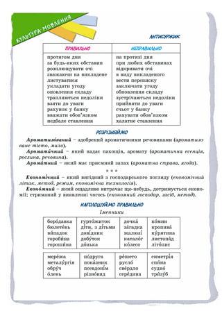 АНТИСУРЖИК
ПРАВИЛЬНО НЕПРАВИЛЬНО
ïðîòÿãîì äíÿ
çà áóäü-ÿêèõ îáñòàâèí
ðîçïëþùóâàòè î÷і
çâàæàþ÷è íà âèêëàäåíå
ëèñòóâàòèñÿ
óêëàäàòè óãîäó
îíîâëåííÿ ñêëàäó
òðàïëÿþòüñÿ íåäîëіêè
âçÿòè äî óâàãè
ðàõóíîê ó áàíêó
ââàæàòè îáîâ’ÿçêîì
íåäáàëå ñòàâëåííÿ
íà ïðîòÿçі äíÿ
ïðè ëþáèõ îáñòàâèíàõ
âіäêðèâàòè î÷і
â âèäó âèêëàäåíîãî
âåñòè ïåðåïèñêó
çàêëþ÷àòè óãîäó
îáíîâëåííÿ ñêëàäó
çóñòðі÷àþòüñÿ íåäîëіêè
ïðèéíÿòè äî óâàãè
ñ÷üîò ó áàíêó
ðàõóâàòè îáîâ’ÿçêîì
õàëàòíå ñòàâëåííÿ
РОЗРІЗНЯЙМО
Àðîìàòèçîâàíèé – çäîáðåíèé àðîìàòè÷íèìè ðå÷îâèíàìè (àðîìàòèçî-
âàíå òіñòî, ìèëî).
Àðîìàòè÷íèé – ÿêèé íàäàє ïàõîùіâ, àðîìàòó (àðîìàòè÷íà åñåíöіÿ,
ðîñëèíà, ðå÷îâèíà).
Àðîìàòíèé – ÿêèé ìàє ïðèєìíèé çàïàõ (àðîìàòíà ñòðàâà, ÿãîäà).
* * *
Åêîíîìіі÷íèé – ÿêèé âèãіäíèé ç ãîñïîäàðñüêîãî ïîãëÿäó (åêîíîìі÷íèé
ëіòàê, ìåòîä, ðåæèì, åêîíîìі÷íà òåõíîëîãіÿ).
Åêîíîìíèé – ÿêèé îùàäëèâî âèòðà÷àє ùî-íåáóäü, äîòðèìóєòüñÿ åêîíî-
ìії; ñòðèìàíèé ó âèÿâëåííі ÷îãîñü (åêîíîìíèé ãîñïîäàð, çàñіá, ìåòîä).
НАГОЛОШУЙМО ПРАВИЛЬНО
Іìåííèêè
áîðîäàâêà
áþëåòåíü
âèïàäîê
ãîðîáèíà
ãîðîøèíà
ãóðòîæèòîê
äіòè, ç äіòüìè
äîâіäíèê
äîáóòîê
äîíüêà
äî÷êà
çàãàäêà
æàëþçі
êàòàëîã
êîëåñî
êîìèí
êðîïèâà
êóðÿòèíà
ëèñòîïàä
ëіòîïèñ
ìåðåæà
ìåòàëóðãіÿ
îáðó÷
îëåíü
ïîäðóãà
ïîêàçíèê
ïñåâäîíіì
ðіçíîâèä
ðåøåòî
ðóñëî
ñâåðäëî
ñåðåäèíà
ñèìåòðіÿ
ñïèíà
ñóäíî
òðèçóá
 