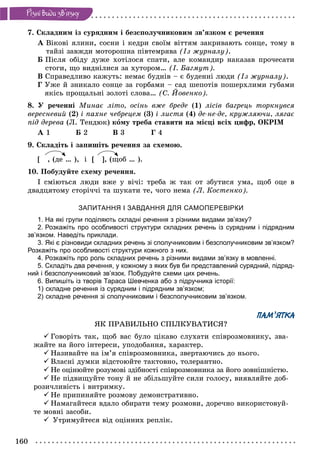 160
Ðiçíi âèäè çâ’ÿçêó
7. Ñêëàäíèì іç ñóðÿäíèì і áåçñïîëó÷íèêîâèì çâ’ÿçêîì є ðå÷åííÿ
À Âіêîâі ÿëèíè, ñîñíè і êåäðè ñâîїì âіòòÿì çàêðèâàþòü ñîíöå, òîìó â
òàéçі çàâæäè ìîòîðîøíà ïіâòåìðÿâà (Іç æóðíàëó).
Á Ïіñëÿ îáіäó äóæå õîòіëîñÿ ñïàòè, àëå êîìàíäèð íàêàçàâ ïðî÷åñàòè
ñòîãè, ùî âèäíіëèñÿ çà õóòîðîì… (І. Áàãìóò).
Â Ñïðàâåäëèâî êàæóòü: íåìàє áóäíіâ – є áóäåííі ëþäè (Іç æóðíàëó).
Ã Óæå é çíèêàëî ñîíöå çà ãîðáàìè – ñàä øåïîòіâ ïîøåðõëèìè ãóáàìè
ÿêіñü ïðîùàëüíі çîëîòі ñëîâà… (Ñ. Éîâåíêî).
8. Ó ðå÷åííі Ìèíàє ëіòî, îñіíü âæå áðåäå (1) ëіñіâ áàãðåöü òîðêíóâñÿ
âåðåñíåâèé (2) і ïàõíå ÷åáðåöåì (3) і ëèñòÿ (4) äå-íå-äå, êðóæëÿþ÷è, ëÿãàє
ïіä äåðåâà (Ë. Òåíäþê) êîìó òðåáà ñòàâèòè íà ìіñöі âñіõ öèôð, ÎÊÐІÌ
À 1 Á 2 Â 3 Ã 4
9. Ñêëàäіòü і çàïèøіòü ðå÷åííÿ çà ñõåìîþ.
[ , (äå … ), і [ ], (ùîá … ).
10. Ïîáóäóéòå ñõåìó ðå÷åííÿ.
І ñìіþòüñÿ ëþäè âæå ó âі÷і: òðåáà æ òàê îò çáóòèñÿ óìà, ùîá îöå â
äâàäöÿòîìó ñòîðі÷÷і òà øóêàòè òå, ÷îãî íåìà (Ë. Êîñòåíêî).
ЗАПИТАННЯ І ЗАВДАННЯ ДЛЯ САМОПЕРЕВІРКИ
1. На які групи поділяють складні речення з різними видами зв’язку?
2. Розкажіть про особливості структури складних речень із сурядним і підрядним
зв’язком. Наведіть приклади.
3. Які є різновиди складних речень зі сполучниковим і безсполучниковим зв’язком?
Розкажіть про особливості структури кожного з них.
4. Розкажіть про роль складних речень з різними видами зв’язку в мовленні.
5. Складіть два речення, у кожному з яких був би представлений сурядний, підряд-
ний і безсполучниковий зв’язок. Побудуйте схеми цих речень.
6. Випишіть із творів Тараса Шевченка або з підручника історії:
1) складне речення із сурядним і підрядним зв’язком;
2) складне речення зі сполучниковим і безсполучниковим зв’язком.
ПАМ’ЯТКА
ßÊ ÏÐÀÂÈËÜÍÎ ÑÏІËÊÓÂÀÒÈÑß?
Ãîâîðіòü òàê, ùîá âàñ áóëî öіêàâî ñëóõàòè ñïіâðîçìîâíèêó, çâà-
æàéòå íà éîãî іíòåðåñè, óïîäîáàííÿ, õàðàêòåð.
Íàçèâàéòå íà іì’ÿ ñïіâðîçìîâíèêà, çâåðòàþ÷èñü äî íüîãî.
Âëàñíі äóìêè âіäñòîþéòå òàêòîâíî, òîëåðàíòíî.
Íå îöіíþéòå ðîçóìîâі çäіáíîñòі ñïіâðîçìîâíèêà çà éîãî çîâíіøíіñòþ.
Íå ïіäâèùóéòå òîíó é íå çáіëüøóéòå ñèëè ãîëîñó, âèÿâëÿéòå äîá-
ðîçè÷ëèâіñòü і âèòðèìêó.
Íå ïðèïèíÿéòå ðîçìîâó äåìîíñòðàòèâíî.
Íàìàãàéòåñÿ âäàëî îáèðàòè òåìó ðîçìîâè, äîðå÷íî âèêîðèñòîâóé-
òå ìîâíі çàñîáè.
Óòðèìóéòåñÿ âіä îöіííèõ ðåïëіê.
 