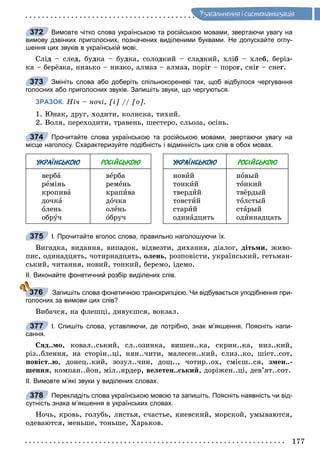 177
Óçàãàëüíåííÿ i ñèñòåìàòèçàöiÿ
Вимовте чітко слова українською та російською мовами, звертаючи увагу на
вимову дзвінких приголосних, позначених виділеними буквами. Не допускайте оглу-
шення цих звуків в українській мові.
Ñëіä – ñëåä, áóäêà – áóäêà, ñîëîäêèé – ñëàäêèé, õëіá – õëåá, áåðіç-
êà – áåðёçêà, íèçüêî – íèçêî, àëìàç – àëìàç, ïîðіã – ïîðîã, ñíіã – ñíåã.
Змініть слова або доберіть спільнокореневі так, щоб відбулося чергування
голосних або приголосних звуків. Запишіть звуки, що чергуються.
ЗРАЗОК. Íі÷ – íî÷і, [і] // [î].
1. Þíàê, äðóã, õîäèòè, êîëèñêà, òèõèé.
2. Âîëÿ, ïåðåõîäèòè, òðàâåíü, øåñòåðî, ñëüîçà, îñіíü.
Прочитайте слова українською та російською мовами, звертаючи увагу на
місце наголосу. Схарактеризуйте подібність і відмінність цих слів в обох мовах.
УКРАЇНСЬКОЮ РОСІЙСЬКОЮ УКРАЇНСЬКОЮ РОСІЙСЬКОЮ
âåðáà
ðåìіíü
êðîïèâà
äî÷êà
îëåíü
îáðó÷
âåðáà
ðåìåíü
êðàïèâà
äî÷êà
îëåíü
îáðó÷
íîâèé
òîíêèé
òâåðäèé
òîâñòèé
ñòàðèé
îäèíàäöÿòü
íîâûé
òîíêèé
òâёðäûé
òîëñòûé
ñòàðûé
îäèííàäöàòü
І. Прочитайте вголос слова, правильно наголошуючи їх.
Âèãàäêà, âèäàííÿ, âèïàäîê, âіäâåçòè, äèõàííÿ, äіàëîã, äіòüìè, æèâî-
ïèñ, îäèíàäöÿòü, ÷îòèðíàäöÿòü, îëåíü, ðîçïîâіñòè, óêðàїíñüêèé, ãåòüìàí-
ñüêèé, ÷èòàííÿ, íîâèé, òîíêèé, áåðåìî, іäåìî.
ІІ. Виконайте фонетичний розбір виділених слів.
Запишіть слова фонетичною транскрипцією. Чи відбувається уподібнення при-
голосних за вимови цих слів?
Âèáà÷ñÿ, íà ôëåøöі, äèâóєøñÿ, âîêçàë.
І. Спишіть слова, уставляючи, де потрібно, знак м’якшення. Поясніть напи-
сання.
Ñÿä..ìî, êîâàë..ñüêèé, ñë..îçèíêà, âèøåí..êà, ñêðèí..êà, íèç..êèé,
ðіç..áëåííÿ, íà ñòîðіí..öі, íÿí..÷èòè, ìàëåñåí..êèé, ñëèç..êî, øіñò..ñîò,
ïîâіñò..þ, äîíåö..êèé, çîçóë..÷èí, äîù.., ÷îòèð..îõ, ñìієø..ñÿ, çìåí..-
øåííÿ, êîìïàí..éîí, ìіë..ÿðäåð, âåëåòåí..ñüêèé, äîðіæåí..öі, äåâ’ÿò..ñîò.
ІІ. Вимовте м’які звуки у виділених словах.
Перекладіть слова українською мовою та запишіть. Поясніть наявність чи від-
сутність знака м’якшення в українських словах.
Íî÷ü, êðîâü, ãîëóáü, ëèñòüÿ, ñ÷àñòüå, êèåâñêèé, ìîðñêîé, óìûâàþòñÿ,
îäåâàþòñÿ, ìåíüøå, òîíüøå, Õàðüêîâ.
372
373
374
375
376
377
378
 