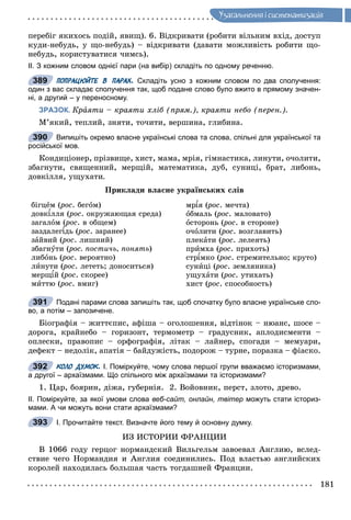 181
Óçàãàëüíåííÿ i ñèñòåìàòèçàöiÿ
ïåðåáіã ÿêèõîñü ïîäіé, ÿâèù). 6. Âіäêðèâàòè (ðîáèòè âіëüíèì âõіä, äîñòóï
êóäè-íåáóäü, ó ùî-íåáóäü) – âіäêðèâàòè (äàâàòè ìîæëèâіñòü ðîáèòè ùî-
íåáóäü, êîðèñòóâàòèñÿ ÷èìñü).
ІІ. З кожним словом однієї пари (на вибір) складіть по одному реченню.
ПОПРАЦЮЙТЕ В ПАРАХ. Складіть усно з кожним словом по два сполучення:
один з вас складає сполучення так, щоб подане слово було вжито в прямому значен-
ні, а другий – у переносному.
ЗРАЗОК. Êðàÿòè – êðàÿòè õëіá (ïðÿì.), êðàÿòè íåáî (ïåðåí.).
Ì’ÿêèé, òåïëèé, çíÿòè, òî÷èòè, âåðøèíà, ãëèáèíà.
Випишіть окремо власне українські слова та слова, спільні для української та
російської мов.
Êîíäèöіîíåð, ïðіçâèùå, õèñò, ìàìà, ìðіÿ, ãіìíàñòèêà, ëèíóòè, î÷îëèòè,
çáàãíóòè, ñâÿùåííèé, ìåðùіé, ìàòåìàòèêà, äóá, ñóíèöі, áðàò, ëèáîíü,
äîâêіëëÿ, óùóõàòè.
Ïðèêëàäè âëàñíå óêðàїíñüêèõ ñëіâ
áіãöåì (ðîñ(( . áåãîì)
äîâê ëëÿ (ðîñ(( . îêðóæàþùàÿ ñðåäà)
çàãàëîì (ðîñ(( . â îáùåì)
çàçäàëåã äü (ðîñ(( . çàðàíåå)
çàéâèé (ðîñ(( . ëèøíèé)
çáàãíóòè (ðîñ. ïîñòè÷ü, ïîíÿòü(( )
ëèáîíü (ðîñ(( . âåðîÿòíî)
ëèíóòè (ðîñ(( . ëåòåòü; äîíîñèòüñÿ)
ìåðù é (ðîñ(( . ñêîðåå)
ìèòòþ (ðîñ(( . âìèã)
ìð ÿ (ðîñ(( . ìå÷òà)
îáìàëü (ðîñ(( . ìàëîâàòî)
îñòîðîíü (ðîñ(( . â ñòîðîíå)
î÷îëèòè (ðîñ(( . âîçãëàâèòü)
ïëåêàòè (ðîñ(( . ëåëåÿòü)
ïðèìõà (ðîñ(( . ïðèõîòü)
ñòð ìêî (ðîñ(( . ñòðåìèòåëüíî; êðóòî)
ñóíèöі (ðîñ(( . çåìëÿíèêà)
óùóõàòè (ðîñ(( . óòèõàòü)
õèñò (ðîñ(( . ñïîñîáíîñòü)
Подані парами слова запишіть так, щоб спочатку було власне українське сло-
во, а потім – запозичене.
Áіîãðàôіÿ – æèòòєïèñ, àôіøà – îãîëîøåííÿ, âіäòіíîê – íþàíñ, øîñå –
äîðîãà, êðàéíåáî – ãîðèçîíò, òåðìîìåòð – ãðàäóñíèê, àïëîäèñìåíòè –
îïëåñêè, ïðàâîïèñ – îðôîãðàôіÿ, ëіòàê – ëàéíåð, ñïîãàäè – ìåìóàðè,
äåôåêò – íåäîëіê, àïàòіÿ – áàéäóæіñòü, ïîäîðîæ – òóðíå, ïîðàçêà – ôіàñêî.
КОЛО ДУМОК. І. Поміркуйте, чому слова першої групи вважаємо історизмами,
а другої – архаїзмами. Що спільного між архаїзмами та історизмами?
1. Öàð, áîÿðèí, äіæà, ãóáåðíіÿ. 2. Âîéîâíèê, ïåðñò, çëîòî, äðåâî.
ІІ. Поміркуйте, за якої умови слова веб-сайт, онлайн, твітер можуть стати істориз-
мами. А чи можуть вони стати архаїзмами?
І. Прочитайте текст. Визначте його тему й основну думку.
ÈÇ ÈÑÒÎÐÈÈ ÔÐÀÍÖÈÈ
Â 1066 ãîäó ãåðöîã íîðìàíäñêèé Âèëüãåëüì çàâîåâàë Àíãëèþ, âñëåä-
ñòâèå ÷åãî Íîðìàíäèÿ è Àíãëèÿ ñîåäèíèëèñü. Ïîä âëàñòüþ àíãëèéñêèõ
êîðîëåé íàõîäèëàñü áîëüøàÿ ÷àñòü òîãäàøíåé Ôðàíöèè.
389
390
391
392
393
 