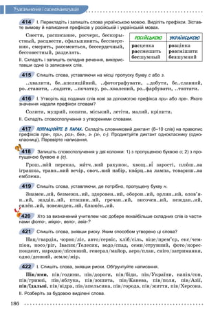 186
Óçàãàëüíåííÿ i ñèñòåìàòèçàöiÿ
І. Перекладіть і запишіть слова українською мовою. Виділіть префікси. Зістав-
те вимову й написання префіксів у російській і українській мовах.
Ñíåñòè, ðàñïèñàíèå, ðîñ÷åðê, áåñêîðû-
ñòíûé, ðàñöâåñòè, ñôàëüøèâèòü, áåññìåðò-
íèê, ñìåðèòü, ðàññìåÿòüñÿ, áåññåðäå÷íûé,
áåññîâåñòíûé, ðàçäåëÿòü.
ІІ. Складіть і запишіть складне речення, викорис-
тавши одне із записаних слів.
Спишіть слова, уставляючи на місці пропуску букву с абос з.
..õâàëèòè, áå..àïåëÿöіéíèé, ..ôîòîãðàôóâàòè, ..äîáóòè, áå..ñëàâíèé,
ðî..ñòàâèòè, ..ñàäèòè, ..ïî÷àòêó, ðî..õâàëåíèé, ðî..ôàðáóâàòè, ..òîïòàòè.
І. Утворіть від поданих слів нові за допомогою префікса при- або- пре-. Якого
значення надали префікси словам?
Ñîëèòè, ìóäðèé, êîïàòè, ìіñüêèé, ëåòіòè, ìàëèé, êðіïèòè.
ІІ. Складіть словосполучення з утвореними словами.
ПОПРАЦЮЙТЕ В ПАРАХ. Складіть словниковий диктант (8–10 слів) на правопис
префіксів пре-, при-, роз-, без-, з- (зі-, с-). Продиктуйте диктант однокласнику (одно-
класниці). Перевірте написання.
Запишіть словосполучення у дві колонки: 1) з пропущеною буквою о; 2) з про-
пущеною буквою е (є).
Ãðîø..âèé ïåðåêàç, ìàò÷..âèé ðàõóíîê, õâîù..â çàðîñòі, ïëþø..âà
іãðàøêà, òðàâí..âèé âå÷іð, îâî÷..âèé íàáіð, êâàðö..âà ëàìïà, òîâàðèø..âà
åìáëåìà.
Спишіть слова, уставляючи, де потрібно, пропущену букву н.
Çíàìåí..èé, áåçìåæí..èé, çäîðîâåí..èé, îáîðîí..èé, îðëèí..èé, îëîâ’ÿ-
í..èé, æàäàí..èé, ïòàøèí..èé, ãðå÷àí..èé, âèñî÷åí..èé, íåæäàí..èé,
ñèëåí..èé, ïîâñÿêäåí..èé, áëàæåí..èé.
Хто за визначений учителем час добере якнайбільше складних слів із части-
нами фото-, мікро-, вело-, авіа-?
Спишіть слова, знявши риску. Яким способом утворено ці слова?
Íàö/ãâàðäіÿ, ÷îðíî/ëіñ, àâòî/ñåðâіñ, õëіá/ñіëü, âіöå/ïðåì’єð, åêñ/÷åì-
ïіîí, íîñî/ðіã, Іâàñèê/Òåëåñèê, âîäî/ñïàä, ñåìè/ñòðóííèé, ôîòî/êîðåñ-
ïîíäåíò, íàðîäíî/ïіñåííèé, ãåíåðàë/ìàéîð, àåðî/ïëàí, ñíіãî/çàòðèìàííÿ,
îäíî/äåííèé, çåìëå/ìіð.
І. Спишіть слова, знявши риски. Обґрунтуйте написання.
Ïіâ/ÿìè, ïіâ/ãîäèíè, ïіâ/äîðîãè, ïіâ/áіäè, ïіâ/Óêðàїíè, íàïіâ/ñîí,
ïіâ/ãðèâíі, ïіâ/ÿáëóêà, ïіâ/çîøèòà, ïіâ/Êàíåâà, ïіâ/ïîëÿ, ïіâ/Àçії,
ïіâ/їäàëüíі, ïіâ/âіäðà, ïіâ/àïåëüñèíà, ïіâ/ãîðîäà, ïіâ/æèòòÿ, ïіâ/Õåðñîíà.
ІІ. Розберіть за будовою виділені слова.
414
РОСІЙСЬКОЮ УКРАЇНСЬКОЮ
ðàñöåíêà
ðàññìåøèòü
áåñøóìíûé
ðîçöіíêà
ðîçñìіøèòè
áåçøóìíèé
415
416
417
418
419
420
421
422
 