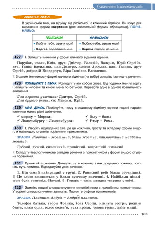 189
Óçàãàëüíåííÿ i ñèñòåìàòèçàöiÿ
В українській мові, на відміну від російської, є кличний відмінок. Він існує для
вираження форми звертання (рос. звательной формы, обращения). ПОРІВ-
НЯЙМО:
РОСІЙСЬКОЮ УКРАЇНСЬКОЮ
 Люблю тебя, земля моя!
 Сергей, подойди ко мне.
 Люблю тебе, земле моя!
 Сергію, підійди до мене.
І. Запишіть іменники у формі кличного відмінка однини.
Ïàðóáîê, êîçàê, Êèїâ, äðóã, Äíіñòåð, Âàëåðіé, Âàëåðіÿ, Þðіé Ñåðãіéî-
âè÷, Ãàííà Âàñèëіâíà, ïàí Äìèòðî, êîëåãà ßðîñëàâ, ïàíі Ãàëèíà, äðóã
Ñåðãіé, äîáðîäіé Áîíäàð÷óê, Âіðà Іâàíіâíà Âàñèëåíêî.
ІІ. З одним іменником у формі кличного відмінка (на вибір) складіть і запишіть речення.
ПОПРАЦЮЙТЕ В ПАРАХ. Розподіліть між собою слова. Від поданих імен утворіть
і запишіть чоловічі та жіночі імена по батькові. Перевірте одне в одного правильність
виконання.
Äëÿ ïåðøîãî ó÷àñíèêà: Äìèòðî, Ñåðãіé.
Äëÿ äðóãîãî ó÷àñíèêà: Ìàêñèì, Þðіé.
КОЛО ДУМОК. Поміркуйте, чому в родовому відмінку однини подані парами
іменники мають різні закінчення.
 ìîðîçó – Ìîðîçà;  áàëó – áàëà;
 Ëþêñåìáóðãó – Ëþêñåìáóðãà;  Ðèìó – Ðèìà.
І. Утворіть від поданих слів, де це можливо, просту та складену форми вищо-
го й найвищого ступенів порівняння прикметників.
ЗРАЗОК. Æîâòèé – æîâòіøèé, áіëüø æîâòèé, íàéæîâòіøèé, íàéáіëüø
æîâòèé.
Äîáðèé, äóæèé, ñèíåíüêèé, ïðèâіòíèé, â÷îðàøíіé, íèçüêèé.
ІІ. Складіть безсполучникове складне речення з прикметником у формі вищого ступе-
ня порівняння.
Прочитайте речення. Доведіть, що в кожному з них допущено помилку, пояс-
ніть суть помилок. Відредагуйте усно речення.
1. Âіí ñàìèé íàéêðàùèé ó ãðóïі. 2. Ðàíêîâèé ðåéñ áіëüø çðó÷íіøèé.
3. Öå ñëîâî âæèâàєòüñÿ ó áіëüø âóæ÷îìó çíà÷åííі. 4. Íàéáіëüø öіêàâі-
øîþ áóëà ðîçïîâіäü Íàòàëі. 5. Ãåïàðä – ñàìà øâèäêà òâàðèíà ó ñâіòі.
Замініть подані словосполучення синонімічними з присвійним прикметником.
Утворені словосполучення запишіть. Позначте суфікси прикметників.
ЗРАЗОК. Ïëàíøåò Àíäðіÿ – Àíäðіїâ ïëàíøåò.
Òåëåôîí áàòüêà, òâîðè Ôðàíêà, áðàò Ñåðãіÿ, êіìíàòà ñåñòðè, ðîëèêè
áðàòà, êëþâ îðëà, ãîëîñ ñîëîâ’ÿ, âóõà êðîëÿ, ãîëîâà ãóñêè, õâіñò ìèøі.
427
428
429
430
431
432
 