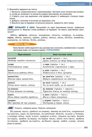 193
Óçàãàëüíåííÿ i ñèñòåìàòèçàöiÿ
ІІ. Виконайте завдання до тексту.
1. Випишіть словосполучення з прислівниками. Поставте усно питання від головно-
го слова до залежного та визначте розряд прислівника за значенням.
2. Утворіть усно від виділених слів форми вищого й найвищого ступенів порів-
няння.
3. Доберіть синоніми й антоніми до виділених слів.
4. Визначте вид за будовою останнього речення, накресліть його схему.
ПОПРАЦЮЙТЕ В ПАРАХ. Прочитайте по черзі прислівники вголос, правильно
наголошуючи їх. Виділені слова розберіть за будовою. Чи мають прислівники закін-
чення?
Àáèÿê, íà÷èñòî, çàòåïëà, ïîñåðåäèíі, ïî÷àñòè, ïîïåðåäó, ïî-íîâîìó,
âåðõè, çîâñіì, çäàëåêó, çäàâíà, äîâіêó, çîïàëó, çîçëà, çîñëіïó, íàâìèñíå,
íàïåðåêіð, ïî-òâîєìó, áіãîì, äîïіçíà.
Прислівники треба відрізняти від однозвучних сполучень прийменника з іншими
частинами мови, які пишемо окремо. ПОРІВНЯЙМО:
Ïðèñëіâíèêè Іíøі ÷àñòèíè ìîâè
íàäâîðі
Íàäâîðі øâèäêî ñòåìíіëî.
íà äâîð (ïðèéì. + іì.)
Äðîâà ëåæàëè íà äâîðі áàáóñèíîї õàòè.
çãîðè
Ñïîñòåðіãàëè çãîðè.
ç ãîðè (ïðèéì. + іì.)
Àëüïіíіñòè ñïóñêàëèñÿ ç ãîðè.
âäåíü
Çàêіí÷èëè ðîáîòó âäåíü.
â äåíü (ïðèéì. + іì.)
Ïîáà÷èëèñÿ â äåíü çóñòðі÷і.
íàïàì’ÿòü
Âèâ÷èâ âіðø íàïàì’ÿòü.
íà ïàì’ÿòü (ïðèéì. + іì.)
Áàáóñÿ ñêàðæèòüñÿ íà ïàì’ÿòü.
ïîâîëі
Ðі÷êà òå÷å ïîâîëі, ñòèõà.
ïî âîëі (ïðèéì. + іì.)
×è ïî âîëі ñâîїé, ÷è ïî íåâîëі?
ïî-íîâîìó
Òåïåð æèâåìî ïî-íîâîìó.
ïî íîâîìó (ïðèéì. + ïðèêì.)
Òóðèñòè ïіøëè ïî íîâîìó ìîñòó.
âäâîõ
Âîíè âäâîõ øâèäêî ïðèáіãëè.
â äâîõ (ïðèéì. + ÷èñë.)
Æèëè â äâîõ êіìíàòàõ.
óïåðøå
Âіí ïðèїõàâ äî íàñ óïåðøå.
ó ïåðøå (ïðèéì. + ÷èñë.)
Ïîñòóêàâ ó ïåðøå âіêíî.
Спишіть, знімаючи риску. Поясніть написання.
Ïî/íîâîìó ìîñòó, çðîáèëè ïî/íîâîìó, âèâ÷èâ íà/ïàì’ÿòü, ñêàðæèòüñÿ
íà/ïàì’ÿòü, ðàäіє ïî/äèòÿ÷îìó, ïî/äèòÿ÷îìó îáëè÷÷і, ñêëàëè ó/÷åòâåðî,
ó/÷åòâåðî âіêîí, іøëè â/íîãó, âäàðèëè â/íîãó, ïіäíÿòè íà/ñìіõ, áà÷èòè
íà/ñêðіçü, ïðèéòè çà/âèäíà, ïî/ïåðøå ÷èñëî, çíàòè ãåòü/÷èñòî, çðîáèòè
ïî/ñâîєìó, çðîáèëè íà/ñîâіñòü, íà/áàãàòî êðàùå, âèéòè ç/äîìó, âñòàòè
ðàíî/â/ðàíöі.
448
449
 