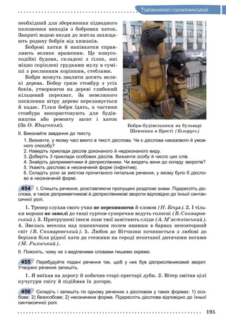 195
Óçàãàëüíåííÿ i ñèñòåìàòèçàöiÿ
íåîáõіäíèé äëÿ çáåðåæåííÿ ïіäâîäíîãî
ïîëîæåííÿ âèõîäіâ ç áîáðîâèõ õàòîê.
Çàêðèòі âîäîþ âõîäè äî æèòëà çàõèùà-
þòü ðîäèíó áîáðіâ âіä õèæàêіâ.
Áîáðîâі õàòêè é íàïіâõàòêè ñïðàâ-
ëÿþòü âåëèêå âðàæåííÿ. Öå êîíóñî-
ïîäіáíі áóäîâè, ñêëàäåíі ç ãіëîê, ÿêі
ìіöíî ñêðіïëåíі ãðóäêàìè ìóëó â ñóìі-
øі ç ðîñëèííèì êîðіííÿì, ñòåáëàìè.
Áîáðè ìîæóòü çâàëèòè äîñèòü âåëè-
êі äåðåâà. Áîáåð ãðèçå ñòîâáóð ç óñіõ
áîêіâ, óòâîðþþ÷è íà äåðåâі ãëèáîêèé
êіëüöåâèé ïåðåõâàò. Çà íåâåëèêîãî
ïîñèëåííÿ âіòðó äåðåâî ïåðåëàìóєòüñÿ
é ïàäàє. Ãіëêè áîáðè їäÿòü, à ÷àñòèíè
ñòîâáóðà âèêîðèñòîâóþòü äëÿ áóäіâ-
íèöòâà àáî ðåìîíòó çàãàò і õàòîê
(Çà Î. Þùåíêîì).
ІІ. Виконайте завдання до тексту.
1. Визначте, у якому часі вжито в тексті дієслова. Чи є дієслова наказового й умов-
ного способу?
2. Наведіть приклади дієслів доконаного й недоконаного виду.
3. Доберіть 3 приклади особових дієслів. Визначте особу й число цих слів.
4. Знайдіть дієприкметники й дієприслівники. Чи входять вони до складу зворотів?
5. Укажіть дієслово в неозначеній формі (інфінітив).
6. Складіть усно за змістом прочитаного питальне речення, у якому було б дієсло-
во в неозначеній формі.
І. Спишіть речення, розставляючи пропущені розділові знаки. Підкресліть діє-
слова, а також дієприкметникові й дієприслівникові звороти відповідно до їхньої синтак-
сичної ролі.
1. Òðåíåð ñëóõàâ ñâîãî ó÷íÿ íå ïåðåïèíÿþ÷è é ñëîâîì (Í. Áі÷óÿ). 2. І òіëü-
êè âîðîíè íå çâèêëі äî òèøі ãóðòîì ñóïåðå÷êè âåäóòü ãîëîñíі (Â. Ñêîìàðîâ-
ñüêèé). 3. Ïðèòðóøåíі іíåєì ëîçè òâîї çàìіòàþòü ñëіäè (À. Ì’ÿñòêіâñüêèé).
4. Çâåëàñü âåñåëêà íàä ïøåíè÷íèì ïîëåì ÿâèâøè â áàðâàõ íåïîâòîðíèé
ñâіò (Â. Ñêîìàðîâñüêèé). 5. Ëþáîâ äî Âіò÷èçíè ïî÷èíàєòüñÿ ç ëþáîâі äî
áåðіçêè áіëÿ ðіäíîї õàòè äî ñòåæèíè íà ãîðîäі âòîïòàíîї äèòÿ÷èìè íîãàìè
(Ì. Ðèëüñüêèé).
ІІ. Поясніть, чому не з виділеними словами пишемо окремо.
Перебудуйте подані речення так, щоб у них був дієприслівниковий зворот.
Утворені речення запишіть.
1. ß âèїõàâ íà äîðîãó é ïîáà÷èâ ñòàðі-ïðåñòàðі äóáè. 2. Âіòåð çìіòàâ öіëі
êó÷óãóðè ñíіãó é ïіäіéìàâ їõ äîãîðè.
Складіть і запишіть по одному реченню з дієсловом у таких формах: 1) осо-
бове; 2) безособове; 2) неозначена форма. Підкресліть дієслова відповідно до їхньої
синтаксичної ролі.
454
455
456
Áîáðè-áóäіâåëüíèêè íà áóëüâàðі
Øåâ÷åíêà â Áðåñòі (Áіëîðóñü)
 