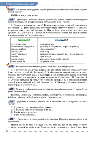198
Óçàãàëüíåííÿ i ñèñòåìàòèçàöiÿ
Хто зможе перебудувати подане речення на якомога більше нових за допо-
могою часток?
Ñîôіéêà ïðèâіòàëà ìàìó.
Перекладіть і запишіть речення українською мовою. Скористайтеся поданою
нижче таблицею. Які з виділених слів прийменники, а які – частки?
1. Íå ñïàòü â òå÷åíèå ñóòîê. 2. Âñëåäñòâèå ñèëüíûõ äîæäåé ðåêà âûøëà
èç áåðåãîâ. 3. Íàì ïðèøëîñü ïîáåñïîêîèòüñÿ íàñ÷ёò áèëåòîâ. 4. Ïîëёòû
îòìåíèëè ââèäó ïëîõîé ïîãîäû. 5. Ïóñòü áóäóò ñ÷àñòëèâû âñå, âñå òâîè
äðóçüÿ! (À. Ïóøêèí). 6. Ñìîãóò ëè èãðîêè èñïîëüçîâàòü âñå ñâîè êà÷åñòâà
â ïîëüçó êîìàíäû? (Èç ãàçåòû).
РОСІЙСЬКОЮ УКРАЇНСЬКОЮ
â òå÷åíèå äíÿ
âñëåäñòâèå çàäåðæêè
èç-çà îøèáêè
èç-çà óãëà
ââèäó ìîðîçîâ
íàñ÷ёò
âäîëü ñòåíû
ïîíèìàþò ëè
ïðîòÿãîì äíÿ
óíàñëіäîê çàòðèìêè, ÷åðåç çàòðèìêó
÷åðåç ïîìèëêó
ç-çà ðîãó
çâàæàþ÷è íà, ç îãëÿäó íà, ÷åðåç ìîðîçè
ïðî, ùîäî
óçäîâæ ñòіíè, ïîïіä ñòіíîþ
÷è ðîçóìіþòü
Визначте частини мови виділених слів. Відповідь обґрунтуйте.
1. ß âèòêíóâñÿ ç-çà êóùіâ і ïðîñòî ïåðåä ñîáîþ ïîáà÷èâ ÷åòâåðî ãóñåíÿò
і äâîõ ñòàðèõ ãóñåé (І. Áàãìóò). 2. Ó âіä÷èíåíèõ äâåðÿõ äîñâіòíіì ïàâó-
òèííÿì âèãîéäóâàâñÿ äèì, à íàçóñòðі÷ éîìó ïðîáèâàâñÿ òàêèé ñîíÿ÷íèé
ïèëîê, íà÷å âіí òâîðèâñÿ â ïîðó ÿáëóíåâèõ âіäöâіòàíü (Ì. Ñòåëüìàõ).
3. Ñóâåíіð çðîáëåíî ïðîñòî, áåç îñîáëèâèõ ïðèêðàñ. 4. Ó ñàìіé õàòі ïðîñòî
äâåðåé ñòîÿâ äóáîâèé ñòіë (Î. Êîñòåíêî). 5. Ïîïåðåäó áіëîþ ñòіíîþ ïіä-
âіâñÿ áіð (Ãð. Òþòþííèê).
Запишіть прийменники в три колонки залежно від написання: 1) разом, 2) ок-
ремо, 3) через дефіс.
(Ïî)íàä, (ç)ïîìіæ, (ç)ìåòîþ, (іç)çà, (íà)âêðóãè, (ó)ïðîäîâæ, (ç)ïîñåðåä,
(ïіä)÷àñ, âіäïîâіäíî(äî), (â)íàñëіäîê, (â)ðåçóëüòàòі.
Продовжте й запишіть речення. Які з виділених слів – сполучники? А яке –
частка?
1. ß óâàæíî ñëóõàþ ðîçïîâіäü, ïðîòå…
2. ß óâàæíî ñëóõàþ ðîçïîâіäü ïðî òå,…
3. ßê áè ìåíі õîòіëîñÿ…
4. ßêáè ìåíі õîòіëîñÿ…
І. Прочитайте, а потім запишіть під диктовку. Написане уважно звірте з на-
друкованим.
Íåâæå æ, ÷è òî òàê, îí êóäè, îñü ÿê, õіáà æ, ùî òî çà, êàçíà â ÷îìó,
õòî á òî, êîìó á òî, ÿêáè æ òî, áîçíà-äå, ÿê-îò, âñå-òàêè, õòîçíà é õòî, áóäü
465
466
467
468
469
470
 