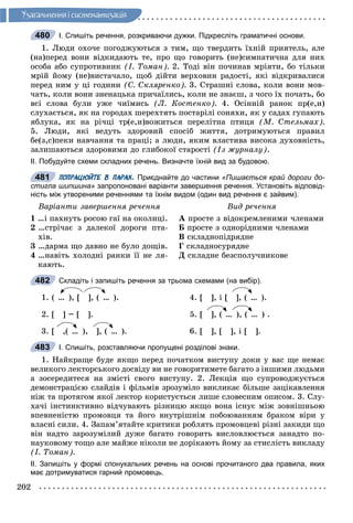 202
Óçàãàëüíåííÿ i ñèñòåìàòèçàöiÿ
І. Спишіть речення, розкриваючи дужки. Підкресліть граматичні основи.
1. Ëþäè îõî÷å ïîãîäæóþòüñÿ ç òèì, ùî òâåðäèòü їõíіé ïðèÿòåëü, àëå
(íà)ïåðåä âîíè âіäêèäàþòü òå, ïðî ùî ãîâîðèòü (íå)ñèìïàòè÷íà äëÿ íèõ
îñîáà àáî ñóïðîòèâíèê (І. Òîìàí). 2. Òîäі âіí ïî÷èíàâ ìðіÿòè, áî òіëüêè
ìðіé éîìó (íå)âèñòà÷àëî, ùîá äіéòè âåðõîâèí ðàäîñòі, ÿêі âіäêðèâàëèñÿ
ïåðåä íèì ó öі ãîäèíè (Ñ. Ñêëÿðåíêî). 3. Ñòðàøíі ñëîâà, êîëè âîíè ìîâ-
÷àòü, êîëè âîíè çíåíàöüêà ïðè÷àїëèñü, êîëè íå çíàєø, ç ÷îãî їõ ïî÷àòü, áî
âñі ñëîâà áóëè óæå ÷èїìèñü (Ë. Êîñòåíêî). 4. Îñіííіé ðàíîê ïð(å,è)
ñëóõàєòüñÿ, ÿê íà ãîðîäàõ øåðåõòÿòü ïîñòàðіëі ñîíÿõè, ÿê ó ñàäàõ ãóïàþòü
ÿáëóêà, ÿê íà ðі÷öі òð(å,è)âîæèòüñÿ ïåðåëіòíà ïòèöÿ (Ì. Ñòåëüìàõ).
5. Ëþäè, ÿêі âåäóòü çäîðîâèé ñïîñіá æèòòÿ, äîòðèìóþòüñÿ ïðàâèë
áå(ç,ñ)ïåêè íàâ÷àííÿ òà ïðàöі; à ëþäè, ÿêèì âëàñòèâà âèñîêà äóõîâíіñòü,
çàëèøàþòüñÿ çäîðîâèìè äî ãëèáîêîї ñòàðîñòі (Іç æóðíàëó).
ІІ. Побудуйте схеми складних речень. Визначте їхній вид за будовою.
ПОПРАЦЮЙТЕ В ПАРАХ. Приєднайте до частини «Пишається край дороги до-
стигла шипшина» запропоновані варіанти завершення речення. Установіть відповід-
ність між утвореними реченнями та їхнім видом (один вид речення є зайвим).
Âàðіàíòè çàâåðøåííÿ ðå÷åííÿ Âèä ðå÷åííÿ
1 …і ïàõíóòü ðîñîþ ãàї íà îêîëèöі.
2 …ñòðі÷àє ç äàëåêîї äîðîãè ïòà-
õіâ.
3 …äàðìà ùî äàâíî íå áóëî äîùіâ.
4 …íàâіòü õîëîäíі ðàíêè її íå ëÿ-
êàþòü.
À ïðîñòå ç âіäîêðåìëåíèìè ÷ëåíàìè
Á ïðîñòå ç îäíîðіäíèìè ÷ëåíàìè
Â ñêëàäíîïіäðÿäíå
Ã ñêëàäíîñóðÿäíå
Ä ñêëàäíå áåçñïîëó÷íèêîâå
Складіть і запишіть речення за трьома схемами (на вибір).
1. ( … ), [ ], ( … ). 4. [ ], і [ ], ( … ).
2. [ ] – [ ]. 5. [ ], ( … ), ( … ) .
3. [ ,( … ), ], ( … ). 6. [ ], [ ], і [ ].
І. Спишіть, розставляючи пропущені розділові знаки.
1. Íàéêðàùå áóäå ÿêùî ïåðåä ïî÷àòêîì âèñòóïó äîêè ó âàñ ùå íåìàє
âåëèêîãî ëåêòîðñüêîãî äîñâіäó âè íå ãîâîðèòèìåòå áàãàòî ç іíøèìè ëþäüìè
à çîñåðåäèòåñÿ íà çìіñòі ñâîãî âèñòóïó. 2. Ëåêöіÿ ùî ñóïðîâîäæóєòüñÿ
äåìîíñòðàöієþ ñëàéäіâ і ôіëüìіâ çðîçóìіëî âèêëèêàє áіëüøå çàöіêàâëåííÿ
íіæ òà ïðîòÿãîì ÿêîї ëåêòîð êîðèñòóєòüñÿ ëèøå ñëîâåñíèì îïèñîì. 3. Ñëó-
õà÷і іíñòèíêòèâíî âіä÷óâàþòü ðіçíèöþ ÿêùî âîíà іñíóє ìіæ çîâíіøíüîþ
âïåâíåíіñòþ ïðîìîâöÿ òà éîãî âíóòðіøíіì ïîáîþâàííÿì áðàêîì âіðè ó
âëàñíі ñèëè. 4. Çàïàì’ÿòàéòå êðèòèêè ðîáëÿòü ïðîìîâöåâі ðіçíі çàêèäè ùî
âіí íàäòî çàðîçóìіëèé äóæå áàãàòî ãîâîðèòü âèñëîâëþєòüñÿ çàíàäòî ïî-
íàóêîâîìó òîùî àëå ìàéæå íіêîëè íå äîðіêàþòü éîìó çà ñòèñëіñòü âèêëàäó
(І. Òîìàí).
ІІ. Запишіть у формі спонукальних речень на основі прочитаного два правила, яких
має дотримуватися гарний промовець.
480
481
482
483
 