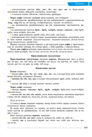 Äîäàòêè
 ñïîëó÷åííÿì ÷àñòîê àáè-, àíі-, äå-, ÷è-, ùî-, ÿê- іç áóäü-ÿêîþ
÷àñòèíîþ ìîâè: àáèêóäè, àíіòðîõè, ùîâå÷îðà;
 ç êіëüêîõ îñíîâ: áîñîíіæ, ñòðіìãîëîâ, ïðàâîðó÷.
×åðåç äåôіñ ïèøåìî ñêëàäíі ïðèñëіâíèêè, ÿêі óòâîðåíі:
 çà äîïîìîãîþ ïðèéìåííèêà ïî âіä çàéìåííèêіâ і ïðèêìåòíèêіâ íà
-îìó, -єìó àáî -è: ïî-ñâîєìó, ïî-áðàòåðñüêè; òàêîæ: ïî-ëàòèíі;
 çà äîïîìîãîþ ïðèéìåííèêà ïî âіä ïîðÿäêîâèõ ÷èñëіâíèêіâ: ïî-
ïåðøå;
 çà äîïîìîãîþ ÷àñòîê áóäü-, -áóäü, -íåáóäü, êàçíà-, õòîçíà-, -òî: áóäü-
êóäè, êîëè-íåáóäü, äåñü-òî;
 ç äâîõ ïðèñëіâíèêіâ: âðÿäè-ãîäè, äåñü-іíäå, ñÿê-òàê;
 ïîâòîðåííÿì òîãî ñàìîãî ñëîâà; ïîєäíàííÿì ñèíîíіìіâ, àíòîíіìіâ, ñëіâ
іç òèì ñàìèì êîðåíåì: áëèçüêî-áëèçüêî, òèøêîì-íèøêîì, áіëüø-ìåíø,
òèõî-òèõåñåíüêî, çðîäó-âіêó.
Ïåðøó ÷àñòèíó ïèøåìî îêðåìî, à äâі íàñòóïíі ÷åðåç äåôіñ ó ïðèñëіâíè-
êàõ íå ñüîãîäíі-çàâòðà, áåç êіíöÿ-êðàþ, ç äіäà-ïðàäіäà, ç äàâíіõ-äàâåí.
×åðåç äâà äåôіñè ïèøåìî ïðèñëіâíèêè ïëі÷-î-ïëі÷, âі÷-íà-âі÷, âñüîãî-íà-
âñüîãî, áóäü-ùî-áóäü, õî÷-íå-õî÷, ÿê-íå-ÿê, äå-íå-äå, êîëè-íå-êîëè.
Ïðèñëіâíèêîâі ñïîëó÷åííÿ
Ïðèñëіâíèêîâі ñïîëó÷åííÿ ïèøåìî îêðåìî. Íàïðèêëàä: äåíü ó äåíü,
ðàç ïî ðàç, ÷àñ âіä ÷àñó, äî âïîäîáè, íà æàëü, íà ùàñòÿ, ïî ÷åðçі, òèì
÷àñîì, óâі ñíі, íà óðà, íà õîäó, ïіä ñèëó.
Íàïèñàííÿ ÷àñòîê
Ðàçîì ïèøåìî:
 ÷àñòêè àáè-, àíі-, äå-, ÷è-, ÷èì-, ùî-, ÿê-, -ñü ó ñêëàäі áóäü-ÿêîї ÷àñòèíè
ìîâè: àáèõòî, àíіòðîõè, äåÿêèé;
 ÷àñòêè áè (á), òî, ùî â ñêëàäі ñïîëó÷íèêіâ: ùîá, ÿêáè, íіáèòî, àáî-
ùî;
 ÷àñòêó æå (æ) ó ñêëàäі ÷àñòîê: àÿêæå, àòîæ.
×åðåç äåôіñ ïèøåìî:
 ÷àñòêè êàçíà-, õòîçíà-, áóäü-, -áóäü, -íåáóäü: áóäü-õòî, ÿêèé-íåáóäü,
õòîçíà-êîëè;
 ÷àñòêè áî, íî, òî, îò, òàêè, êîëè âîíè âèäіëÿþòü çíà÷åííÿ îêðåìîãî
ñëîâà: іäè-áî, äàâàé-íî, òèì-òî, ÿê-îò, çíàéøîâ-òàêè, âñå-òàêè.
Ï ð è ì і ò ê è:
1) ÷àñòêó òàêè ïèøåìî îêðåìî, ÿêùî âîíà ñòîїòü ïåðåä ñëîâîì, ÿêîãî
ñòîñóєòüñÿ: òàêè çíàéøîâ;
2) ÿêùî ìіæ ÷àñòêîþ òà ñëîâîì, äî ÿêîãî âîíà ïðèєäíóєòüñÿ, ñòîїòü
іíøà ÷àñòêà ÷è ïðèéìåííèê, òî âñі òðè ñëîâà ïèøåìî îêðåìî: іäè æ áî,
àáè â êîãî.
Іíøі ÷àñòêè ïèøåìî îêðåìî, çîêðåìà:
 ÷àñòêè áè (á), æå (æ): êîëè á, çàéøîâ áè, àäæå æ, õіáà æ;
 ÷àñòêó ùî â ñïîëóêàõ äàðìà ùî, ïîêè ùî, õіáà ùî, òіëüêè ùî,
ùî æ äî.
 