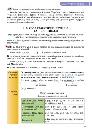 25
Ñêëàäíîñóðÿäíå ðå÷åííÿ
Спишіть, замінюючи, де треба, малу букву на велику.
Îñòðіâ (õ)îðòèöÿ, (ä)åðæàâíèé (ã)іìí Óêðàїíè, (ä)åíü (í)åçàëåæíîñòі
Óêðàїíè, (â)åðõîâíà (ð)àäà Óêðàїíè, (í)àöіîíàëüíà (ï)îëіöіÿ Óêðàїíè,
(є)âðîïåéñüêèé (ñ)îþç, (ô)ðàíöóçüêà (ð)åñïóáëіêà, (ï)іâäåííå (ï)îëіññÿ, ãà-
ëàêòèêà (÷)óìàöüêèé (ø)ëÿõ, (ñ)èí (á)îæèé, (ï)іâäåííèé (á)óã, (ã)îðäіїâ
âóçîë, (ø)åâ÷åíêîâі ñëîâà.
§ 3. ÑÊËÀÄÍÎÑÓÐßÄÍÅ ÐÅ×ÅÍÍß
ÒÀ ÉÎÃÎ ÎÇÍÀÊÈ
Ïðî áóäîâó é çàñîáè çâ’ÿçêó ñêëàäíîñóðÿäíîãî ðå÷åííÿ, ñìèñëîâі çâ’ÿçêè
ìіæ éîãî ÷àñòèíàìè, à òàêîæ ïðî ñèíòàêñè÷íі ñèíîíіìè
ПРИГАДАЙМО. Для чого служать сполучники сурядності? На які види поділяють такі
сполучники?
А. Побудуйте усно з двох простих речень складносурядне за допомогою
сполучника сурядності і.
Ðåâå ñèíіé Äíіïðî. [ і ] Øóìëÿòü êîëîñîì ëàíè.
Б. Чи можна в поданому складносурядному реченні поставити питання від однієї час-
тини до другої? Чи рівноправні за змістом ці частини?
Ðåâå Äíіïðî, é ëàíè øèðîêîïîëі ìåäàìè ïàõíóòü, êîëîñîì øóìëÿòü
(À. Ìàëèøêî).
В. Зробіть висновок про особливості складносурядних речень.
Складно-
сурядне
речення
Сполуч-
ники
Ñêëàäíîñóðÿäíèì (ðîñ. ñëîæíîñî÷èíёííûì(( ) íàçèâàþòü ñêëàä-
íå ðå÷åííÿ, ÷àñòèíè ÿêîãî ðіâíîïðàâíі çà çìіñòîì і ïîєäíàíі
çà äîïîìîãîþ ñïîëó÷íèêіâ ñóðÿäíîñòі. НАПРИКЛАД:
À êâіòöі ïàõíå ëіòà òåïëèé äåíü, і ÿ ñïèíÿþñü ó çàäóìі
1-øà ÷àñòèíà 2-ãà ÷àñòèíà
(Î. Äîâãîï’ÿò).
Ñïîëó÷íèêè ñóðÿäíîñòі
(ðîñ.(( ñî÷èíèòåëüíûå ñîþçû)
Єäíàëüíі (ðîñ. ñîåäè-((
íèòåëüíûå)
і (é), òà (= і), íі… íі, ÿê… òàê і,
íå òіëüêè… àëå é
Ïðîòèñòàâíі (ðîñ. ïðî-((
òèâèòåëüíûå)
àëå, à (= àëå), òà (= àëå), çàòå,
ïðîòå, îäíàê, à âòіì
Ðîçäіëîâі (ðîñ. ðàçäå-((
ëèòåëüíûå)
àáî, ÷è, àáî… àáî, ÷è… ÷è, òî… òî,
õî÷… õî÷
Çіñòàâíèé
à (íå ìîæíà çàìіíèòè ïðîòèñòàâíèì
àëå)
27
28
 