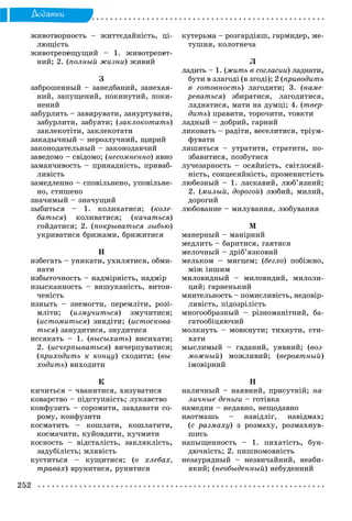 252
Äîäàòêè
æèâîòâîðíîñòü – æèòòєäàéíіñòü, öі-
ëþùіñòü
æèâîòðåïåùóùèé – 1. æèâîòðåïåò-
íèé; 2. (ïîëíûé æèçíè) æèâèé
Ç
çàáðîøåííûé – çàíåäáàíèé, çàíåõàÿ-
íèé, çàïóùåíèé, ïîêèíóòèé, ïîêè-
íåíèé
çàáóðëèòü – çàâèðóâàòè, çàíóðòóâàòè,
çàáóðëèòè, çàáóÿòè; (çàêëîêîòàòü)
çàêëåêîòіòè, çàêëåêîòàòè
çàêàäû÷íûé – íåðîçëó÷íèé, ùèðèé
çàêîíîäàòåëüíûé – çàêîíîäàâ÷èé
çàâåäîìî – ñâіäîìî; (íåñîìíåííî) ÿâíî
çàìàí÷èâîñòü – ïðèíàäíіñòü, ïðèâàá-
ëèâіñòü
çàìåäëåííî – ñïîâіëüíåíî, óïîâіëüíå-
íî, ñòèøåíî
çíà÷èìûé – çíà÷óùèé
çûáèòüñÿ – 1. êîëèõàòèñÿ; (êîëå-
áàòüñÿ) êîëèâàòèñÿ; (êà÷àòüñÿ)
ãîéäàòèñÿ; 2. (ïîêðûâàòüñÿ çûáüþ)
óêðèâàòèñÿ áðèæàìè, áðèæèòèñÿ
È
èçáåãàòü – óíèêàòè, óõèëÿòèñÿ, îáìè-
íàòè
èçáûòî÷íîñòü – íàäìіðíіñòü, íàäìіð
èçûcêàííîñòü – âèøóêàíіñòü, âèòîí-
÷åíіñòü
èçíûòü – çíåìîãòè, ïåðåìëіòè, ðîçі-
ìëіòè; (èçìó÷èòüñÿ) çìó÷èòèñÿ;
(èñòîìèòüñÿ) çíèäіòè; (èñòîñêîâà-
òüñÿ) çàíóäèòèñÿ, çíóäèòèñÿ
èññÿêàòü – 1. (âûñûõàòü) âèñèõàòè;
2. (èñ÷åðïûâàòüñÿ) âè÷åðïóâàòèñÿ;
(ïðèõîäèòü ê êîíöó) ñõîäèòè; (âû-
õîäèòü) âèõîäèòè
Ê
êè÷èòüñÿ – ÷âàíèòèñÿ, õèçóâàòèñÿ
êîâàðñòâî – ïіäñòóïíіñòü; ëóêàâñòâî
êîíôóçèòü – ñîðîìèòè, çàâäàâàòè ñî-
ðîìó, êîíôóçèòè
êîñìàòèòü – êîøëàòè, êîøëàòèòè,
êîñìà÷èòè, êóéîâäèòè, êó÷ìèòè
êîñíîñòü – âіäñòàëіñòü, çàêëÿêëіñòü,
çàäóáіëіñòü; ìëÿâіñòü
êóñòèòüñÿ – êóùèòèñÿ; (î õëåáàõ,
òðàâàõ) âðóíèòèñÿ, ðóíèòèñÿ
êóòåðüìà – ðîçãàðäіÿø, ãàðìèäåð, ìå-
òóøíÿ, êîëîòíå÷à
Ë
ëàäèòü – 1. (æèòü â ñîãëàñèè) ëàäíàòè,
áóòè â çëàãîäі (â çãîäі); 2 (ïðèâîäèòü
â ãîòîâíîñòü) ëàãîäèòè; 3. (íàìå-
ðåâàòüñÿ) çáèðàòèñÿ, ëàãîäèòèñÿ,
ëàäíàòèñÿ, ìàòè íà äóìöі; 4. (òâåð-
äèòü) ïðàâèòè, òîðî÷èòè, òîâêòè
ëàäíûé – äîáðèé, ãàðíèé
ëèêîâàòü – ðàäіòè, âåñåëèòèñÿ, òðіóì-
ôóâàòè
ëèøèòüñÿ – óòðàòèòè, ñòðàòèòè, ïî-
çáàâèòèñÿ, ïîçáóòèñÿ
ëó÷åçàðíîñòü – îñÿéíіñòü, ñâіòëîñÿé-
íіñòü, ñîíöåñÿéíіñòü, ïðîìåíèñòіñòü
ëþáåçíûé – 1. ëàñêàâèé, ëþá’ÿçíèé;
2. (ìèëûé, äîðîãîé) ëþáèé, ìèëèé,
äîðîãèé
ëþáîâàíèå – ìèëóâàííÿ, ëþáóâàííÿ
Ì
ìàíåðíûé – ìàíіðíèé
ìåäëèòü – áàðèòèñÿ, ãàÿòèñÿ
ìåëî÷íûé – äðіá’ÿçêîâèé
ìåëüêîì – ìèãöåì; (áåãëî) ïîáіæíî,
ìіæ іíøèì
ìèëîâèäíûé – ìèëîâèäèé, ìèëîëè-
öèé; ãàðíåíüêèé
ìíèòåëüíîñòü – ïîìèñëèâіñòü, íåäîâіð-
ëèâіñòü, ïіäîçðіëіñòü
ìíîãîîáðàçíûé – ðіçíîìàíіòíèé, áà-
ãàòîîáіöÿþ÷èé
ìîëêíóòü – ìîâêíóòè; òèõíóòè, ñòè-
õàòè
ìûñëèìûé – ãàäàíèé, óÿâíèé; (âîç-
ìîæíûé) ìîæëèâèé; (âåðîÿòíûé)
іìîâіðíèé
Í
íàëè÷íûé – íàÿâíèé, ïðèñóòíіé; íà-
ëè÷íûå äåíüãè – ãîòіâêà
íàìåäíè – íåäàâíî, íåùîäàâíî
íàîòìàøü – íàâіäëіã, íàâіäìàõ;
(ñ ðàçìàõó) ç ðîçìàõó, ðîçìàõíóâ-
øèñü
íàïûùåííîñòü – 1. ïèõàòіñòü, áóí-
äþ÷íіñòü; 2. ïèøíîìîâíіñòü
íåçàóðÿäíûé – íåçâè÷àéíèé, íåàáè-
ÿêèé; (íåîáûäåííûé) íåáóäåííèé
 