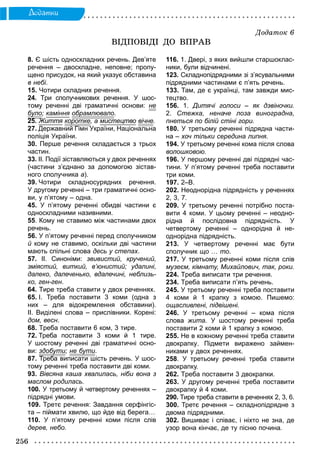 256
Äîäàòêè
8. Є шість односкладних речень. Дев’яте
речення – двоскладне, неповне; пропу-
щено присудок, на який указує обставина
в небі.
15. Чотири складних речення.
24. Три сполучникових речення. У шос-
тому реченні дві граматичні основи: не
булоу ; каміння обрамлювалор .
25.2 ЖиттяЖ короткер , а мистецтво вічне.
27. Державний Гімн України, Національнай Гі У
поліція України.
30. Перше речення складається з трьох
частин.
33. ІІ. Події зіставляються у двох реченнях
(частини з’єднано за допомогою зістав-
ного сполучника а).
39. Чотири складносурядних речення.
У другому реченні – три граматичні осно-
ви, у п’ятому – одна.
45. У п’ятому реченні обидві частини є
односкладними називними.
55. Кому не ставимо між частинами двох
речень.
56. У п’ятому реченні перед сполучником
й кому не ставимо, оскільки дві частиний
мають спільні слова десь у степах.
57. ІІ. Синоніми: звивистий, кручений,
зміястий, виткий, в’юнистий; удалині,
далеко, далеченько, вдалечині, неблизь-
ко, ген-ген.
64. Тире треба ставити у двох реченнях.
65. І. Треба поставити 3 коми (одна з
них – для відокремлення обставини).
ІІ. Виділені слова – прислівники. Корені:
дом, весн.
68. Треба поставити 6 ком, 3 тире.
72. Треба поставити 3 коми й 1 тире.
У шостому реченні дві граматичні осно-
ви: здобутиу ; не бутиу .
87. Треба виписати шість речень. У шос-Т б
тому реченні треба поставити дві коми.
93. Вівсяна каша хвалилась, ніби вона з
маслом родилась.
100. У третьому й четвертому реченнях –
підрядні умови.
109. Третє речення: Завдання серфінгіс-
та – піймати хвилю, що йде від берега…
110. У п’ятому реченні коми після слів
дерев, небо.
116. 1. Двері, з яких вийшли старшоклас-
ники, були відчинені.
123. Складнопідрядними зі з’ясувальними
підрядними частинами є п’ять речень.
133. Там, де є українці, там завжди мис-
тецтво.
156. 1. Дитячі голоси – як дзвіночки.
2. Стежка, неначе лоза виноградна,
пнеться по білій стіні гори.
180. У третьому реченні підрядна части-
на – хоч тільки середина липня.
194. У третьому реченні кома після слова
волошковою.
196. У першому реченні дві підрядні час-
тини. У п’ятому реченні треба поставити
три коми.
197. 2–В.
202. Неоднорідна підрядність у реченнях
2, 3, 7.
209. У третьому реченні потрібно поста-
вити 4 коми. У цьому реченні – неодно-
рідна й послідовна підрядність. У
четвертому реченні – однорідна й не-
однорідна підрядність.
213. У четвертому реченні має бути
сполучник що … то.
217. У третьому реченні коми після слів
музеєм, кімнату, Михайлович, так, роки.
224. Треба виписати три речення.
234. Треба виписати п’ять речень.
245. У третьому реченні треба поставити
4 коми й 1 крапку з комою. Пишемо:
ощасливлені, підвішені.
246. У третьому реченні – кома після
слова жита. У шостому реченні треба
поставити 2 коми й 1 крапку з комою.
255. Не в кожному реченні треба ставити
двокрапку. Підмети виражено займен-
никами у двох реченнях.
258. У третьому реченні треба ставити
двокрапку.
262. Треба поставити 3 двокрапки.
263. У другому реченні треба поставити
двокрапку й 4 коми.
290. Тире треба ставити в реченнях 2, 3, 6.
300. Третє речення – складнопідрядне з
двома підрядними.
302. Вишиває і співає, і ніхто не зна, де
узор вона кінчає, де ту пісню почина.
Äîäàòîê 6
ÂІÄÏÎÂІÄІ ÄÎ ÂÏÐÀÂ
 