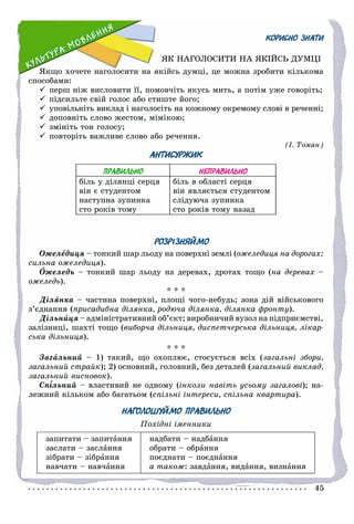 4545
КОРИСНО ЗНАТИ
ßÊ ÍÀÃÎËÎÑÈÒÈ ÍÀ ßÊІÉÑÜ ÄÓÌÖІ
ßêùî õî÷åòå íàãîëîñèòè íà ÿêіéñü äóìöі, öå ìîæíà çðîáèòè êіëüêîìà
ñïîñîáàìè:
ïåðø íіæ âèñëîâèòè її, ïîìîâ÷іòü ÿêóñü ìèòü, à ïîòіì óæå ãîâîðіòü;
ïіäñèëüòå ñâіé ãîëîñ àáî ñòèøòå éîãî;
 óïîâіëüíіòü âèêëàä і íàãîëîñіòü íà êîæíîìó îêðåìîìó ñëîâі â ðå÷åííі;
äîïîâíіòü ñëîâî æåñòîì, ìіìіêîþ;
çìіíіòü òîí ãîëîñó;
ïîâòîðіòü âàæëèâå ñëîâî àáî ðå÷åííÿ.
(І. Òîìàí)
АНТИСУРЖИК
ПРАВИЛЬНО НЕПРАВИЛЬНО
áіëü ó äіëÿíöі ñåðöÿ
âіí є ñòóäåíòîì
íàñòóïíà çóïèíêà
ñòî ðîêіâ òîìó
áіëü â îáëàñòі ñåðöÿ
âіí ÿâëÿєòüñÿ ñòóäåíòîì
ñëіäóþ÷à çóïèíêà
ñòî ðîêіâ òîìó íàçàä
РОЗРІЗНЯЙМО
Îæåëåäèöÿ – òîíêèé øàð ëüîäó íà ïîâåðõíі çåìëі (îæåëåäèöÿ íà äîðîãàõ;
ñèëüíà îæåëåäèöÿ).
Îæåëåäü – òîíêèé øàð ëüîäó íà äåðåâàõ, äðîòàõ òîùî (íà äåðåâàõ –
îæåëåäü).
* * *
Äіëÿíêà – ÷àñòèíà ïîâåðõíі, ïëîùі ÷îãî-íåáóäü; çîíà äіé âіéñüêîâîãî
ç’єäíàííÿ (ïðèñàäèáíà äіëÿíêà, ðîäþ÷à äіëÿíêà, äіëÿíêà ôðîíòó).
Äіëüíèöÿ – àäìіíіñòðàòèâíèé îá’єêò; âèðîáíè÷èé âóçîë íà ïіäïðèєìñòâі,
çàëіçíèöі, øàõòі òîùî (âèáîð÷à äіëüíèöÿ, äèñïåò÷åðñüêà äіëüíèöÿ, ëіêàð-
ñüêà äіëüíèöÿ).
* * *
Çàãàëüíèé – 1) òàêèé, ùî îõîïëþє, ñòîñóєòüñÿ âñіõ (çàãàëüíі çáîðè,
çàãàëüíèé ñòðàéê); 2) îñíîâíèé, ãîëîâíèé, áåç äåòàëåé (çàãàëüíèé âèêëàä,
çàãàëüíèé âèñíîâîê).
Ñïііëüíèé – âëàñòèâèé íå îäíîìó (іíêîëè íàâіòü óñüîìó çàãàëîâі); íà-
ëåæíèé êіëüêîì àáî áàãàòüîì (ñïіëüíі іíòåðåñè, ñïіëüíà êâàðòèðà).
НАГОЛОШУЙМО ПРАВИЛЬНО
Ïîõіäíі іìåííèêè
çàïèòàòè – çàïèòàííÿ
çàñëàòè – çàñëàííÿ
çіáðàòè – çіáðàííÿ
íàâ÷àòè – íàâ÷àííÿ
íàäáàòè – íàäáàííÿ
îáðàòè – îáðàííÿ
ïîєäíàòè – ïîєäíàííÿ
à òàêîæ: çàâäàííÿ, âèäàííÿ, âèçíàííÿ
 