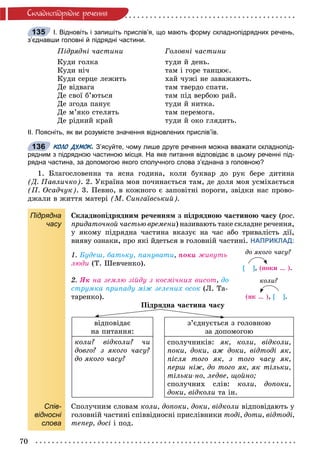 70
Ñêëàäíîïiäðÿäíå ðå÷åííÿ
І. Відновіть і запишіть прислів’я, що мають форму складнопідрядних речень,
з’єднавши головні й підрядні частини.
Ïіäðÿäíі ÷àñòèíè Ãîëîâíі ÷àñòèíè
Êóäè ãîëêà
Êóäè íі÷
Êóäè ñåðöå ëåæèòü
Äå âіäâàãà
Äå ñâîї á’þòüñÿ
Äå çãîäà ïàíóє
Äå ì’ÿêî ñòåëÿòü
Äå ðіäíèé êðàé
òóäè é äåíü.
òàì і ãîðå òàíöþє.
õàé ÷óæі íå çàâàæàþòü.
òàì òâåðäî ñïàòè.
òàì ïіä âåðáîþ ðàé.
òóäè é íèòêà.
òàì ïåðåìîãà.
òóäè é îêî ãëÿäèòü.
ІІ. Поясніть, як ви розумієте значення відновлених прислів’їв.
КОЛО ДУМОК. З’ясуйте, чому лише друге речення можна вважати складнопід-
рядним з підрядною частиною місця. На яке питання відповідає в цьому реченні під-
рядна частина, за допомогою якого сполучного слова з’єднана з головною?
1. Áëàãîñëîâåííà òà ÿñíà ãîäèíà, êîëè áóêâàð äî ðóê áåðå äèòèíà
(Ä. Ïàâëè÷êî). 2. Óêðàїíà ìîÿ ïî÷èíàєòüñÿ òàì, äå äîëÿ ìîÿ óñìіõàєòüñÿ
(Ï. Îñàä÷óê). 3. Ïåâíî, â êîæíîãî є çàïîâіòíі ïîðîãè, çâіäêè íàñ ïðîâî-
äæàëè â æèòòÿ ìàòåðі (Ì. Ñèíãàїâñüêèé).
Підрядна
часу
Ñêëàäíîïіäðÿäíèì ðå÷åííÿì ç ïіäðÿäíîþ ÷àñòèíîþ ÷àñó (ðîñ.((
ïðèäàòî÷íîé ÷àñòüþ âðåìåíè) íàçèâàþòü òàêå ñêëàäíå ðå÷åííÿ,
ó ÿêîìó ïіäðÿäíà ÷àñòèíà âêàçóє íà ÷àñ àáî òðèâàëіñòü äії,
âèÿâó îçíàêè, ïðî ÿêі éäåòüñÿ â ãîëîâíіé ÷àñòèíі. НАПРИКЛАД:
1. Áóäåø, áàòüêó, ïàíóâàòè, ïîêè æèâóòü
ëþäè (Ò. Øåâ÷åíêî).
2. ßê íà çåìëþ çіéäó ç êîñìі÷íèõ âèñîò, äî
ñòðóìêà ïðèïàäó ìіæ çåëåíèõ îñîê (Ë. Òà-
òàðåíêî).
Ïіäðÿäíà ÷àñòèíà ÷àñó
âіäïîâіäàє
íà ïèòàííÿ:
ç’єäíóєòüñÿ ç ãîëîâíîþ
çà äîïîìîãîþ
êîëè? âіäêîëè? ÷è
äîâãî? ç ÿêîãî ÷àñó?
äî ÿêîãî ÷àñó?
ñïîëó÷íèêіâ: ÿê, êîëè, âіäêîëè,
ïîêè, äîêè, àæ äîêè, âіäòîäі ÿê,
ïіñëÿ òîãî ÿê, ç òîãî ÷àñó ÿê,
ïåðø íіæ, äî òîãî ÿê, ÿê òіëüêè,
òіëüêè-íî, ëåäâå, ùîéíî;
ñïîëó÷íèõ ñëіâ: êîëè, äîïîêè,
äîêè, âіäêîëè òà іí.
Спів-
відносні
слова
Ñïîëó÷íèì ñëîâàì êîëè, äîïîêè, äîêè, âіäêîëè âіäïîâіäàþòü ó
ãîëîâíіé ÷àñòèíі ñïіââіäíîñíі ïðèñëіâíèêè òîäі, äîòè, âіäòîäі,
òåïåð, äîñі і ïîä.
135
136
äî ÿêîãî ÷àñó?
[ ], (ïîêè … ).
êîëè?
(ÿê … ), [ ].
 