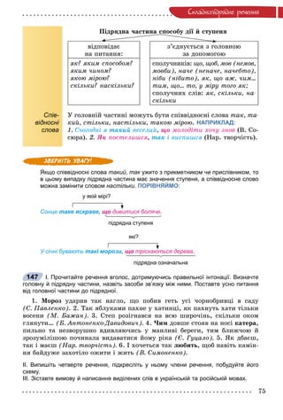 75
Ñêëàäíîïiäðÿäíå ðå÷åííÿ
Ïіäðÿäíà ÷àñòèíà ñïîñîáó äії é ñòóïåíÿ
âіäïîâіäàє
íà ïèòàííÿ:
ç’єäíóєòüñÿ ç ãîëîâíîþ
çà äîïîìîãîþ
ÿê? ÿêèì ñïîñîáîì?
ÿêèì ÷èíîì?
ÿêîþ ìіðîþ?
ñêіëüêè? íàñêіëüêè?
ñïîëó÷íèêіâ: ùî, ùîá, ìîâ (íåìîâ,
ìîâáè), íà÷å (íåíà÷å, íà÷åáòî),
íіáè (íіáèòî), ÿê, ùî àæ, ÷èì…
òèì, ùî… òî, ó ìіðó òîãî ÿê;
ñïîëó÷íèõ ñëіâ: ÿê, ñêіëüêè, íà-
ñêіëüêè
Спів-
відносні
слова
Ó ãîëîâíіé ÷àñòèíі ìîæóòü áóòè ñïіââіäíîñíі ñëîâà òàê, òà-
êèé, ñòіëüêè, íàñòіëüêè, òàêîþ ìіðîþ. НАПРИКЛАД:
1. Ñüîãîäíі ÿ òàêèé âåñåëèé, ùî ìîëîäіòè õî÷ó çíîâ (Â. Ñî-
ñþðà). 2. ßê ïîñòåëèøñÿ, òàê і âèñïèøñÿ (Íàð. òâîð÷іñòü).
Якщо співвідносні слова такий, так ужито з прикметником чи прислівником, ток
в цьому випадку підрядна частина має значення ступеня, а співвідносне слово
можна замінити словом настільки. ПОРІВНЯЙМО:
у якій мірі?
Сонце таке яскраве, що дивитися боляче.
підрядна ступеня
які?
У січні бувають такі морози, що тріскаються дерева.
підрядна означальна
І. Прочитайте речення вголос, дотримуючись правильної інтонації. Визначте
головну й підрядну частини, назвіть засоби зв’язку між ними. Поставте усно питання
від головної частини до підрядної.
1. Ìîðîç óäàðèâ òàê íàãëî, ùî ïîáèâ ãåòü óñі ÷îðíîáðèâöі â ñàäó
(Ñ. Ïàâëåíêî). 2. Òàê ÿáëóêàìè ïàõíå ó õàòèíöі, ÿê ïàõíóòü õàòè òіëüêè
âîñåíè (Ì. Áàæàí). 3. Ñòåï ðîçіãíàâñÿ íà âñþ øèðî÷іíü, ñêіëüêè îêîì
ãëÿíóòè… (Á. Àíòîíåíêî-Äàâèäîâè÷). 4. ×èì äîâøå ñòîÿâ íà íîñі êàòåðà,
ïèëüíî òà íåçâîðóøíî âäèâëÿþ÷èñü ó ìàíëèâі áåðåãè, òèì áëèæ÷îþ é
çðîçóìіëіøîþ ïî÷èíàëà âèäàâàòèñÿ éîìó ðіêà (Є. Ãóöàëî). 5. ßê äáàєø,
òàê і ìàєø (Íàð. òâîð÷іñòü). 6. І õî÷åòüñÿ òàê ëþáèòü, ùîá íàâіòü êàìіí-
íÿ áàéäóæå çàõîòіëî îæèòè і æèòü (Â. Ñèìîíåíêî).
ІІ. Випишіть четверте речення, підкресліть у ньому члени речення, побудуйте його
схему.
ІІІ. Зіставте вимову й написання виділених слів в українській та російській мовах.
147
 
